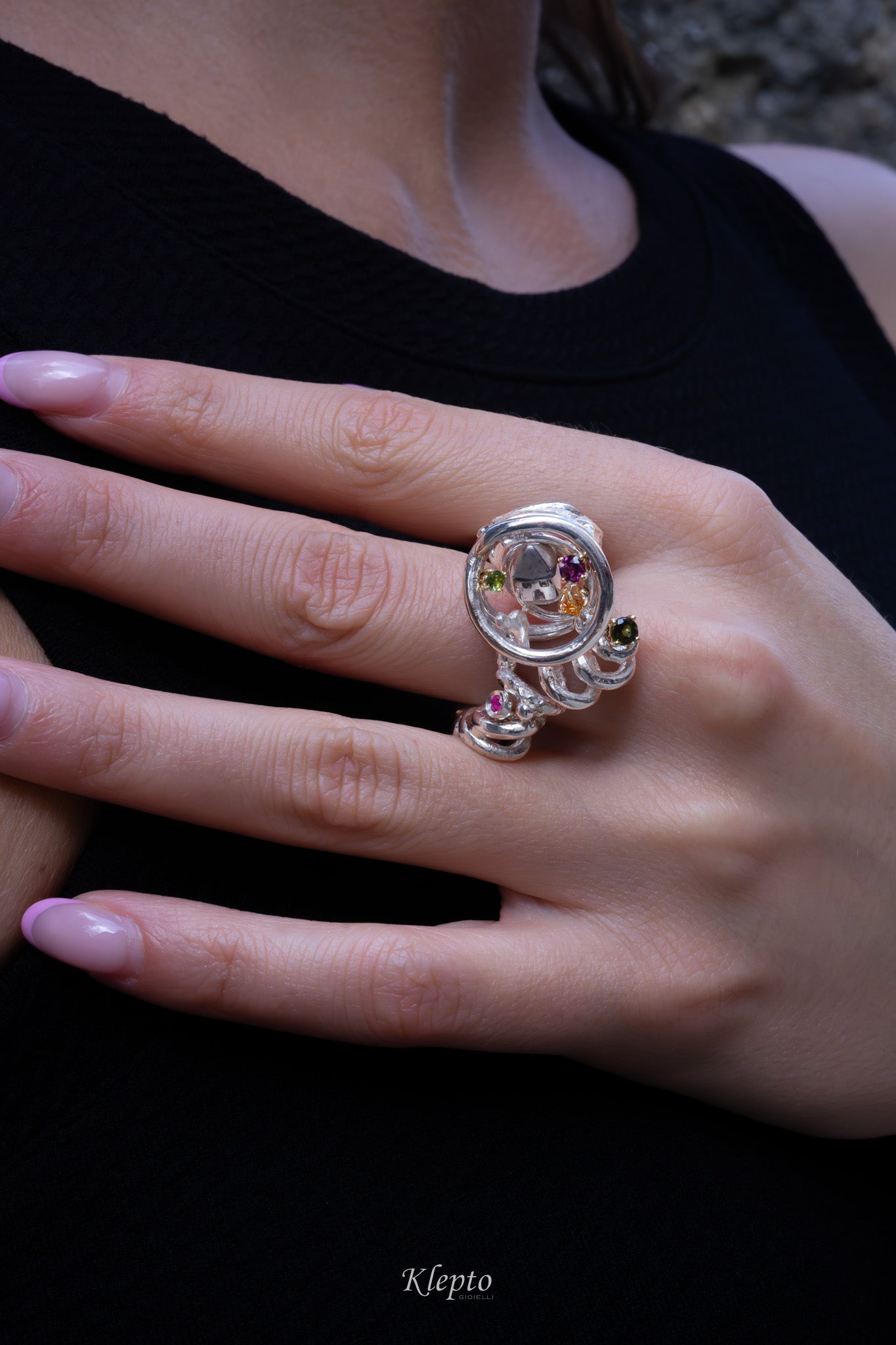 Silnova "L'Uragano" Silver Ring with Rhodolite, Sapphires, Tourmaline and Ruby