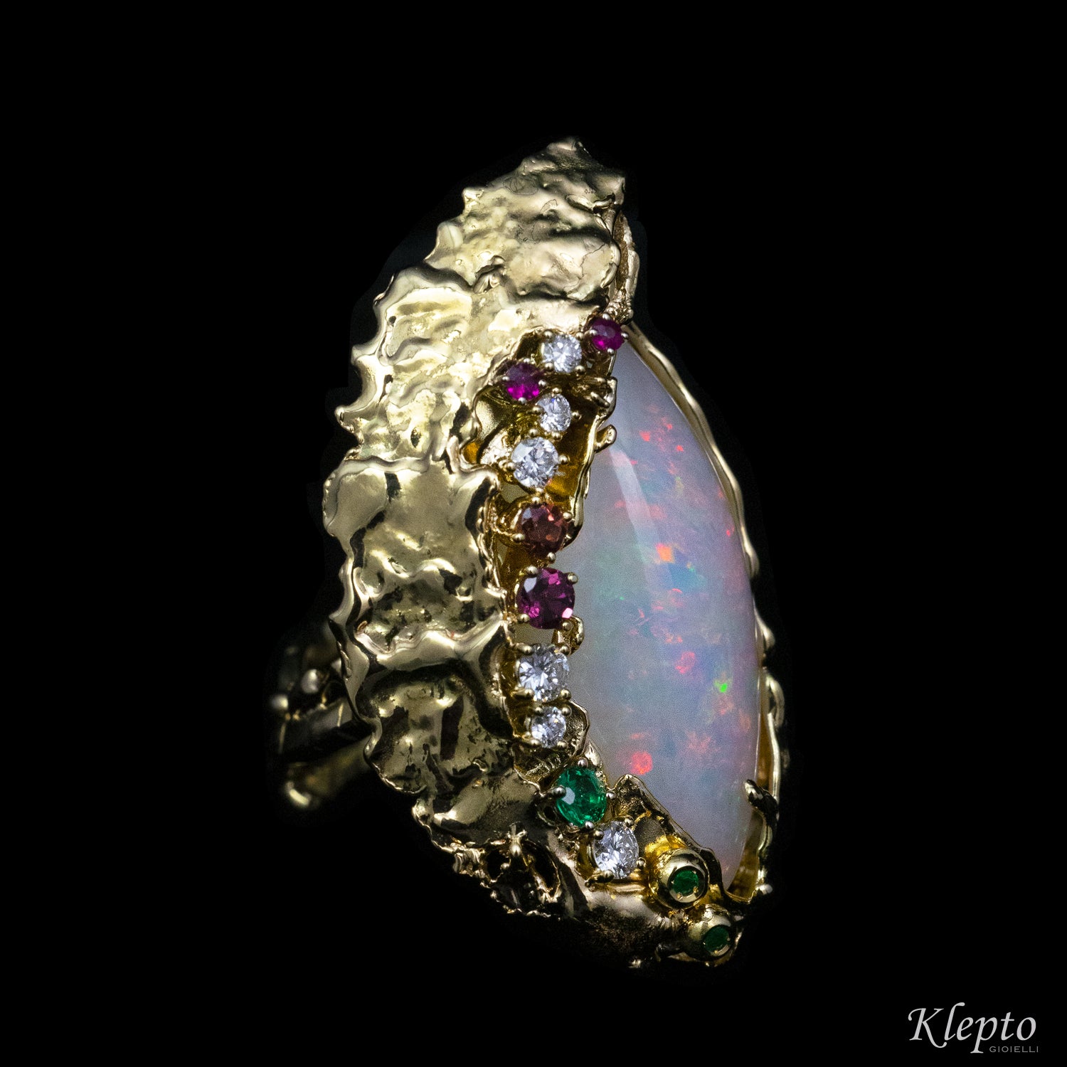 Yellow gold ring with Opal, Emeralds, Rubies, Rhodolites and Diamonds