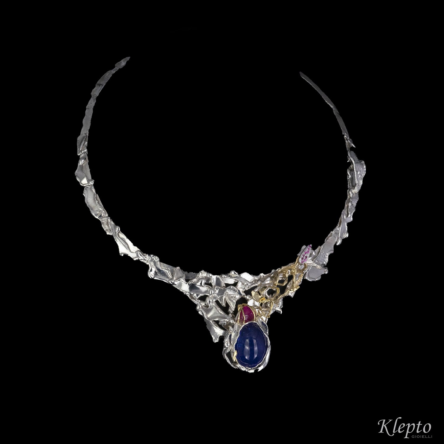 Necklace in Silnova® Silver, yellow gold, Tanzanite, Tourmaline and Rubies