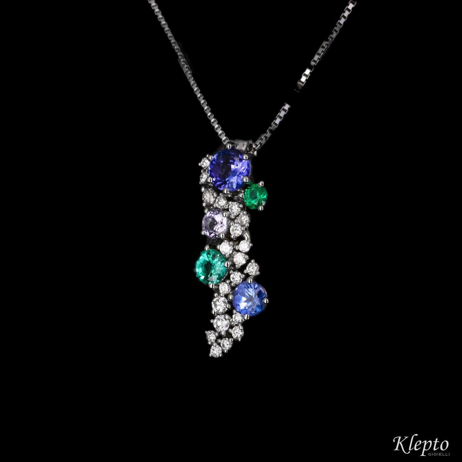 White gold pendant with Emerald, Tanzanite and Diamonds