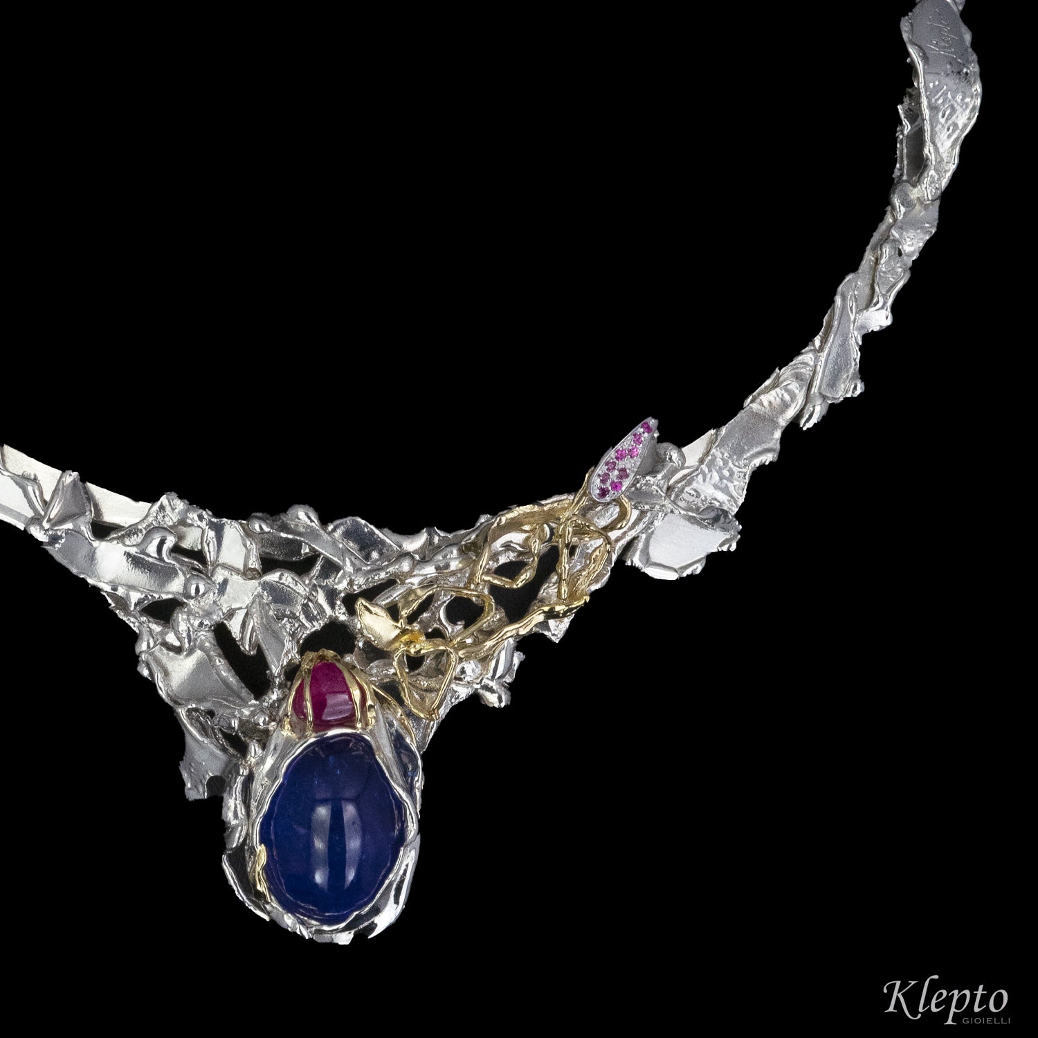 Necklace in Silnova® Silver, yellow gold, Tanzanite, Tourmaline and Rubies