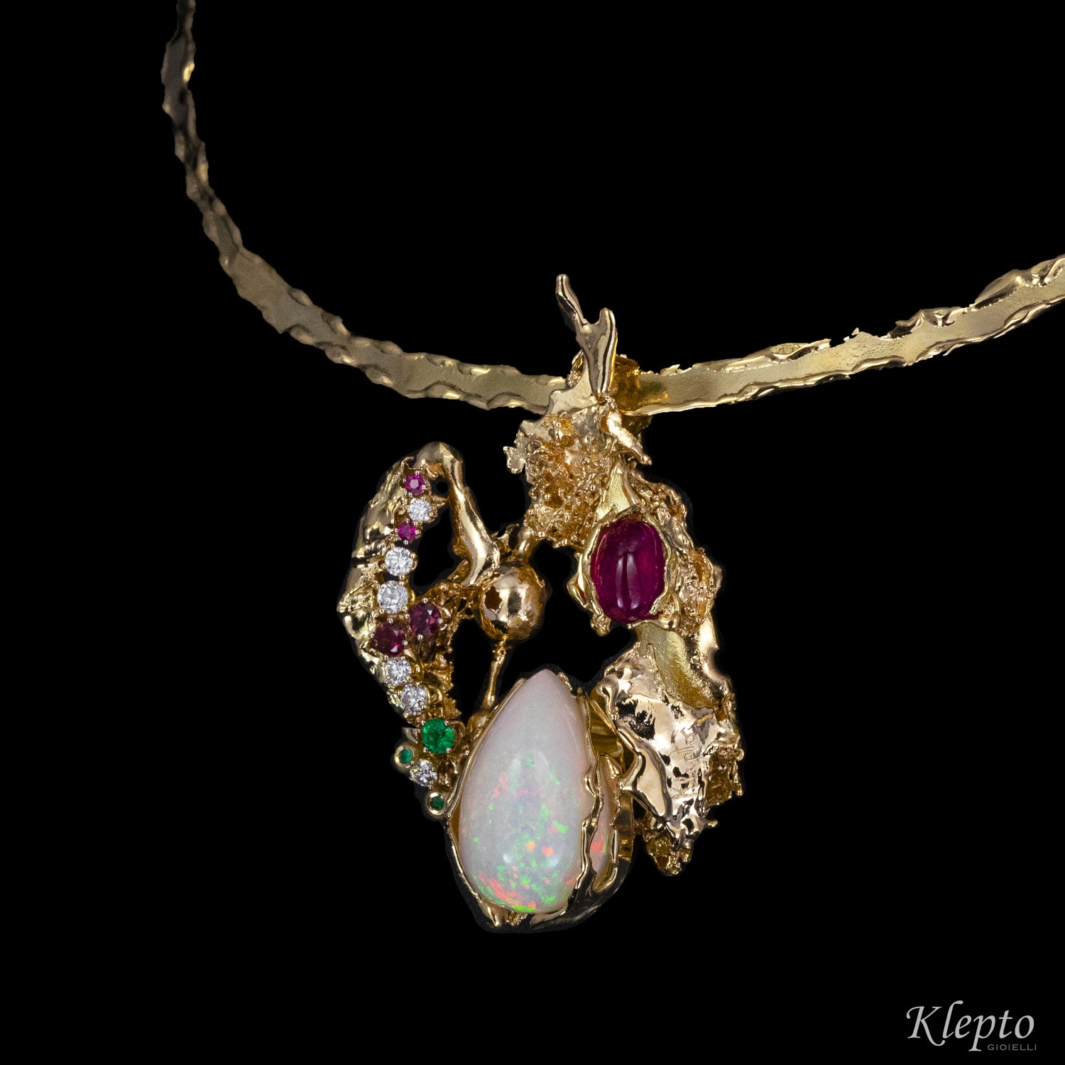 Yellow gold necklace with Opal, Tourmaline, Emeralds, Rubies, Rhodolites and Diamonds