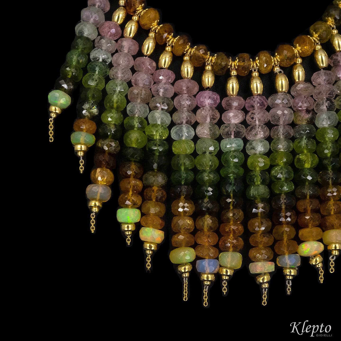 Choker necklace with cascade of tourmalines and opals