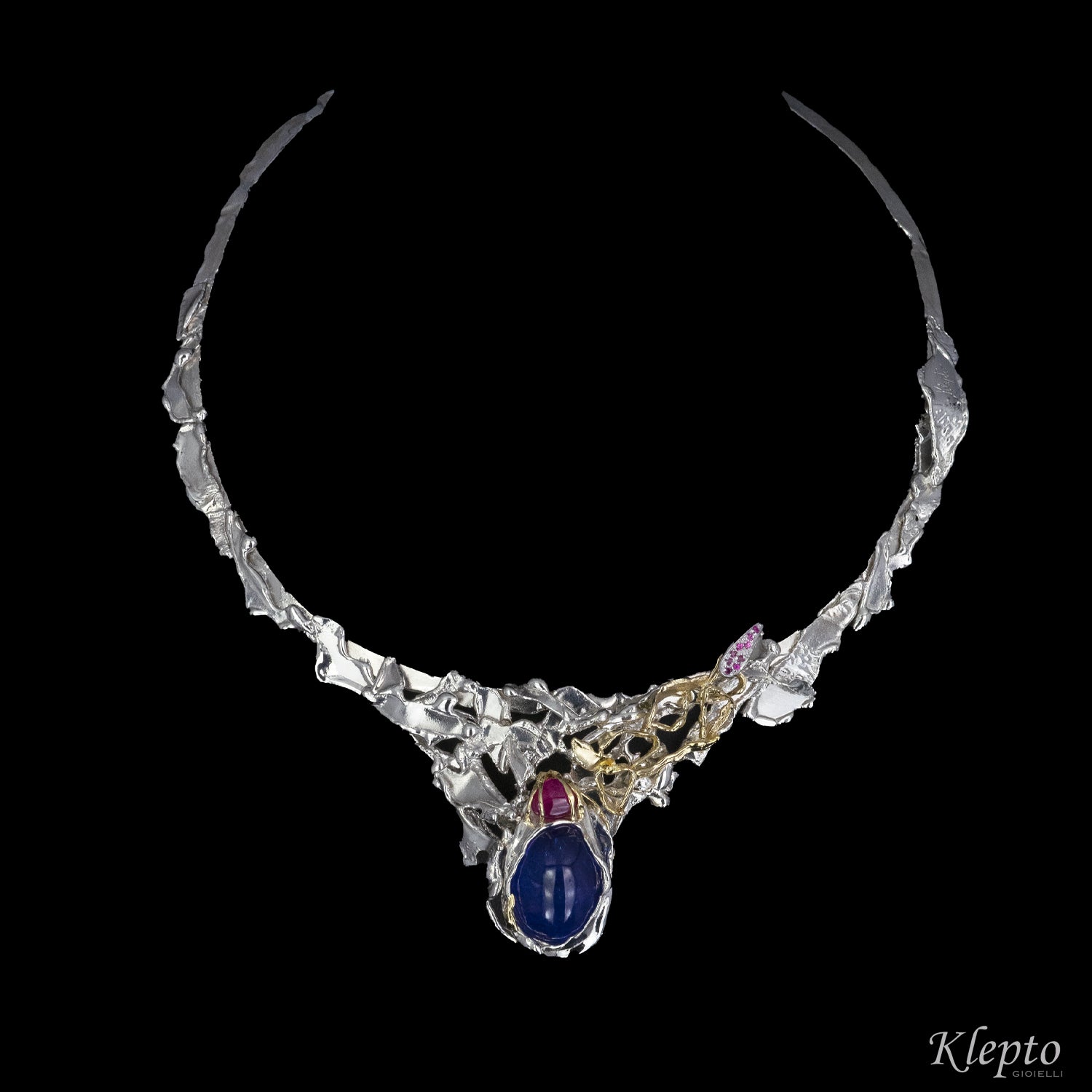 Necklace in Silnova® Silver, yellow gold, Tanzanite, Tourmaline and Rubies
