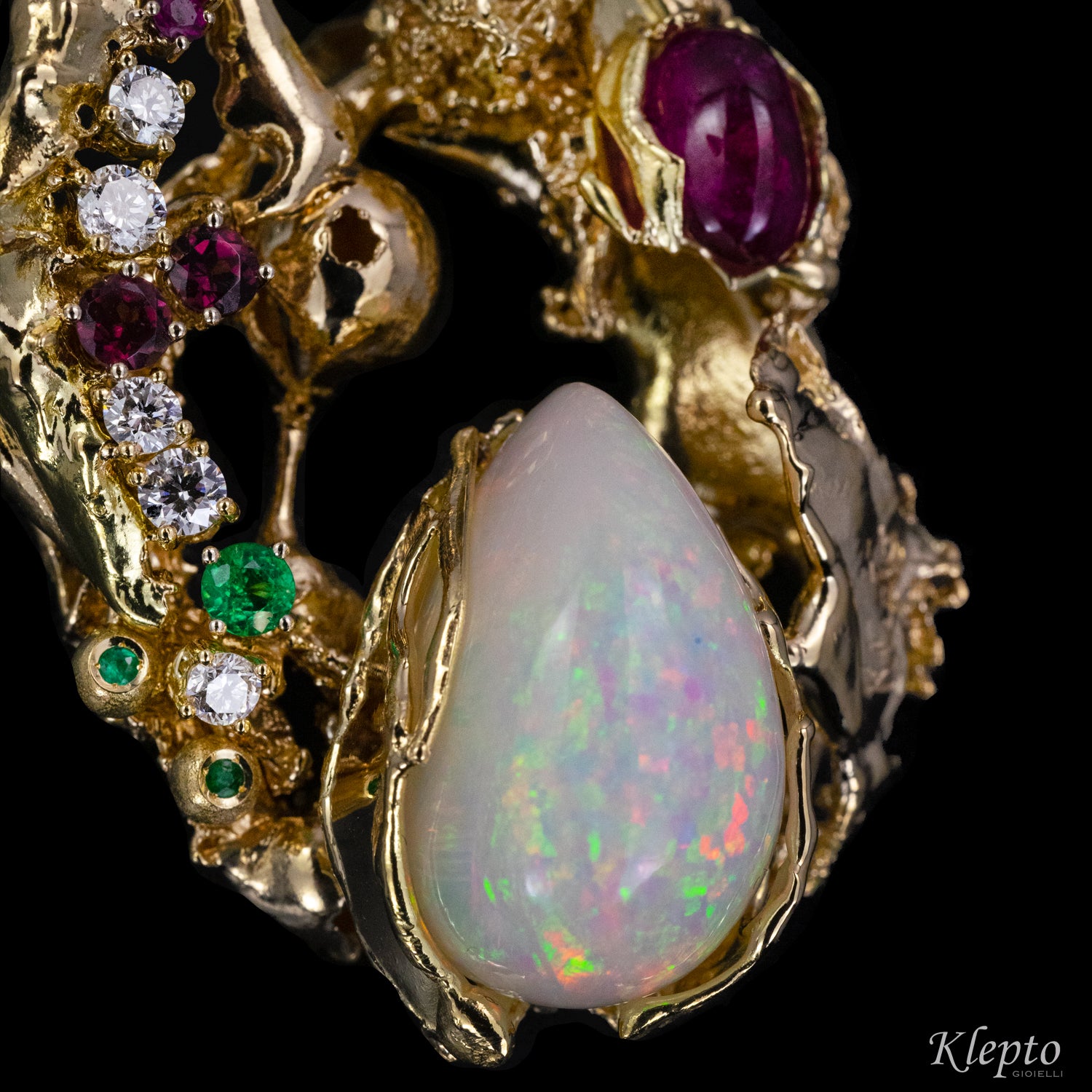 Yellow gold necklace with Opal, Tourmaline, Emeralds, Rubies, Rhodolites and Diamonds