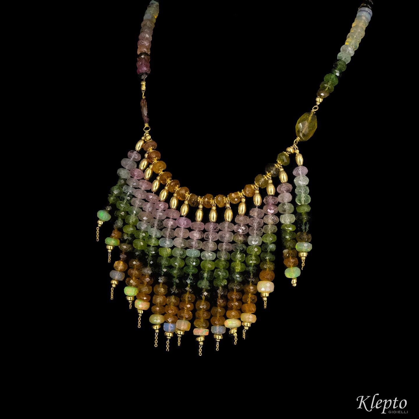 Choker necklace with cascade of tourmalines and opals