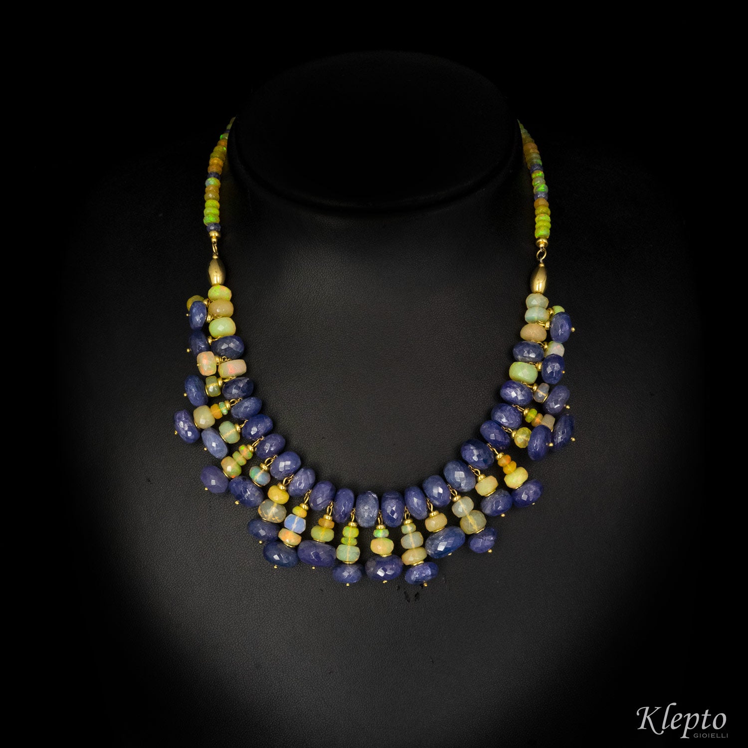 Yellow gold choker necklace with Tanzanite and Opal pendants