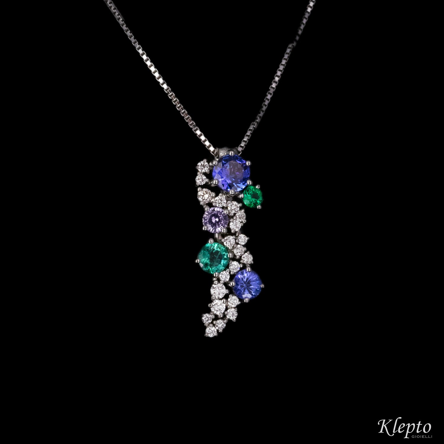 White gold pendant with Emerald, Tanzanite and Diamonds