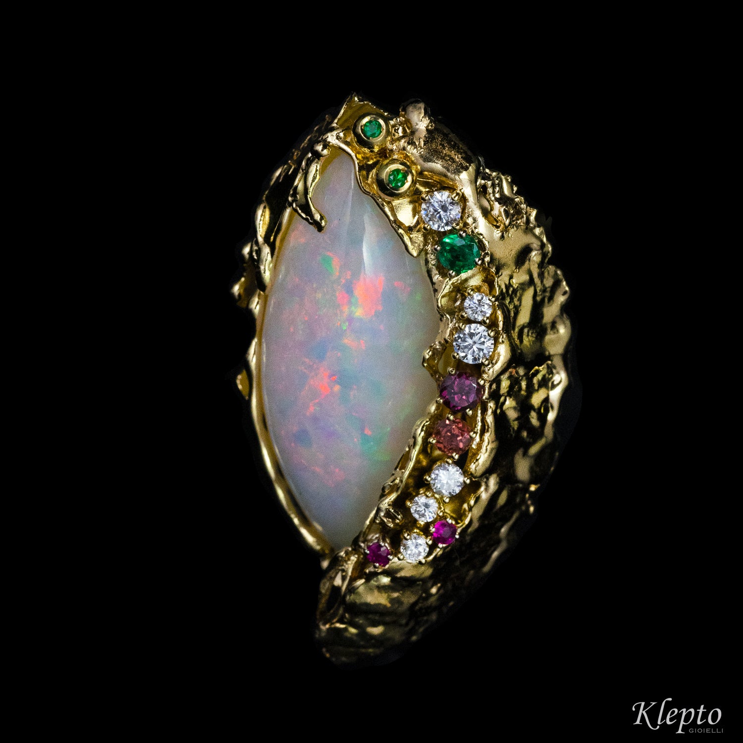 Yellow gold ring with Opal, Emeralds, Rubies, Rhodolites and Diamonds