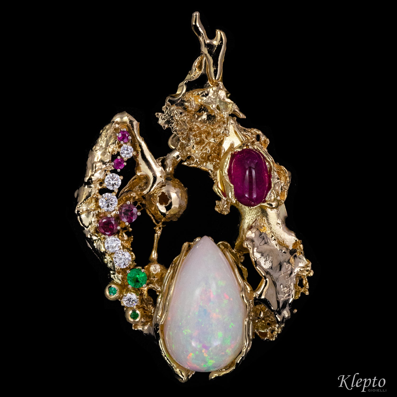 Yellow gold necklace with Opal, Tourmaline, Emeralds, Rubies, Rhodolites and Diamonds