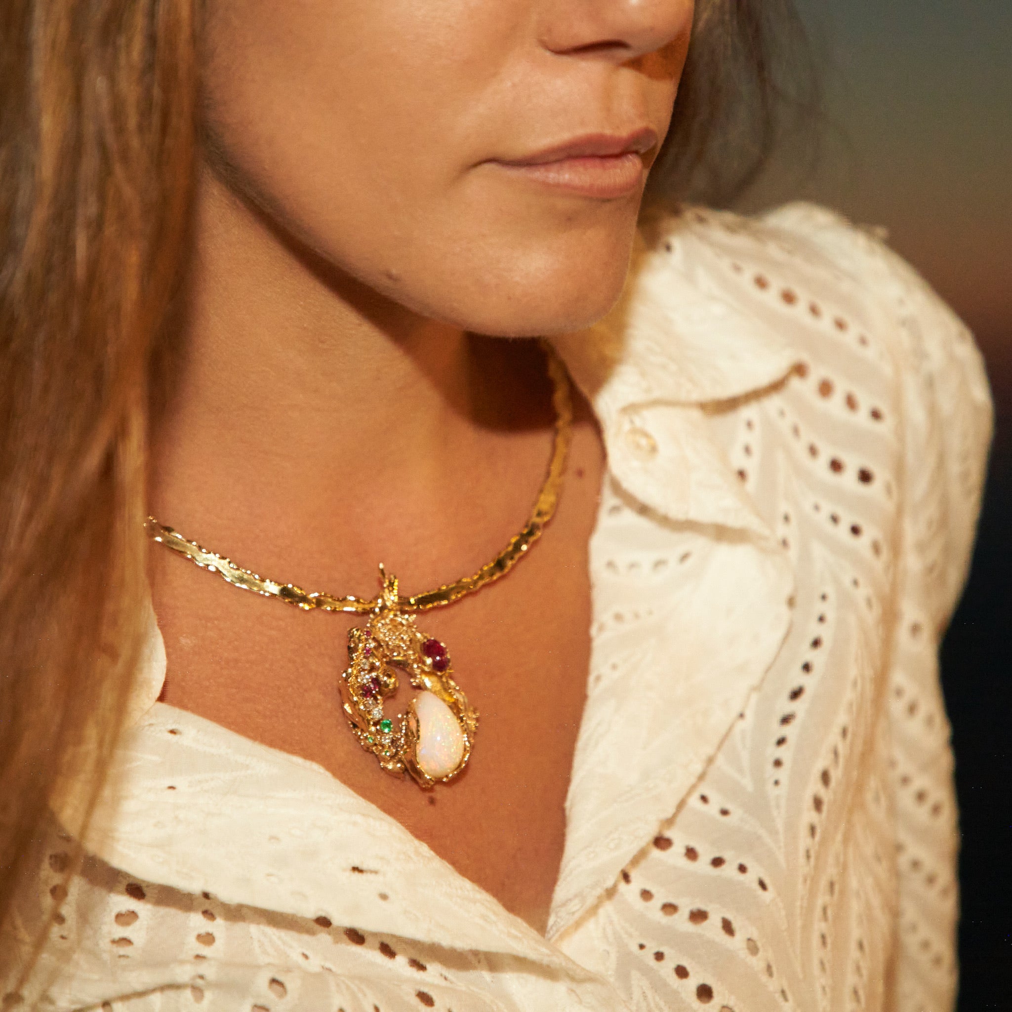 Yellow gold necklace with Opal, Tourmaline, Emeralds, Rubies, Rhodolites and Diamonds