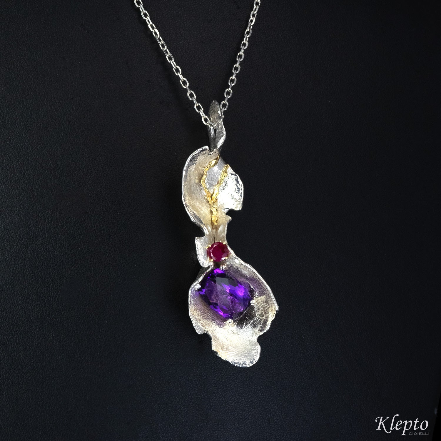 Pendant in Silnova® Silver with Amethyst, Ruby and yellow gold details