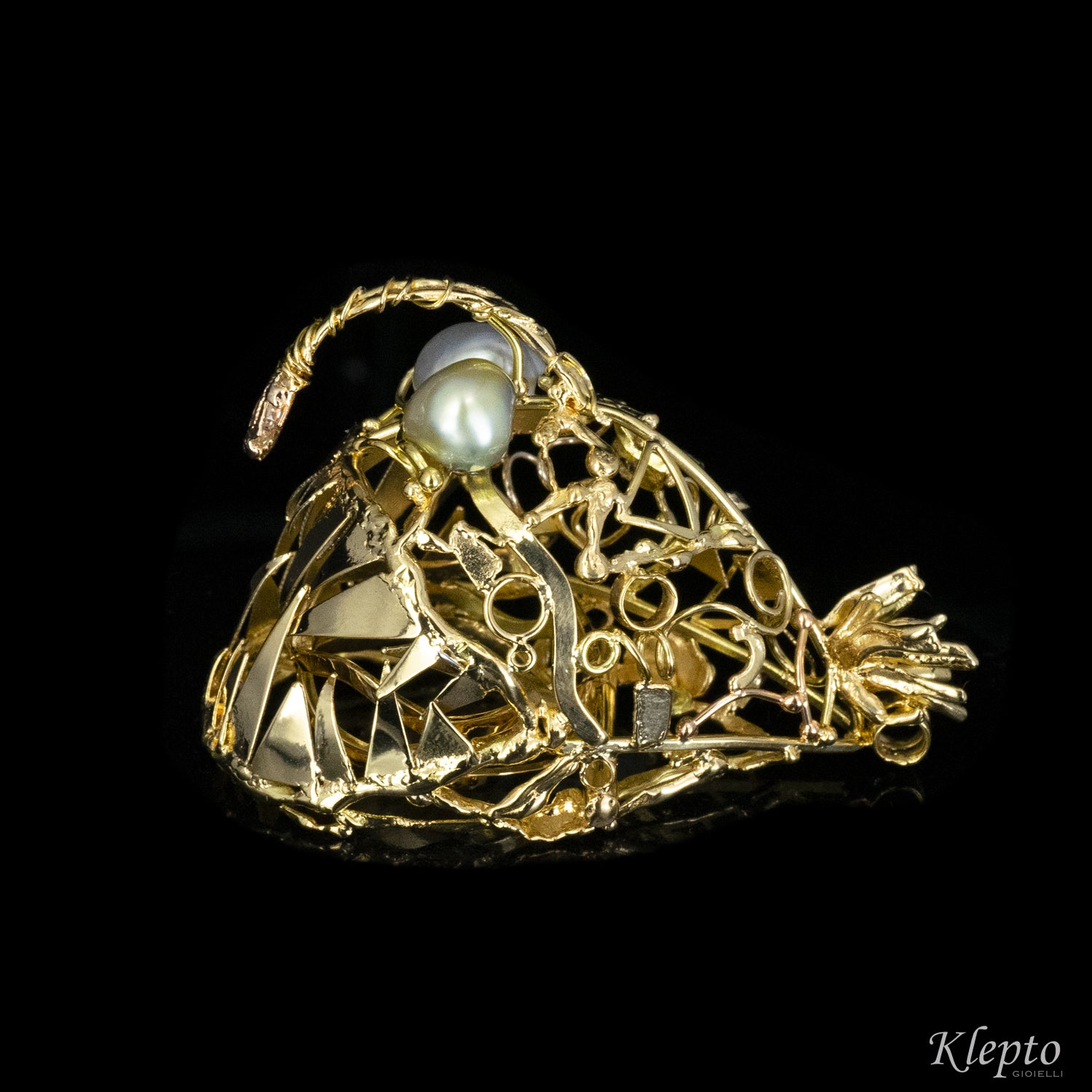Gold ring, pendant and sculpture with diamonds "Lantern fish"