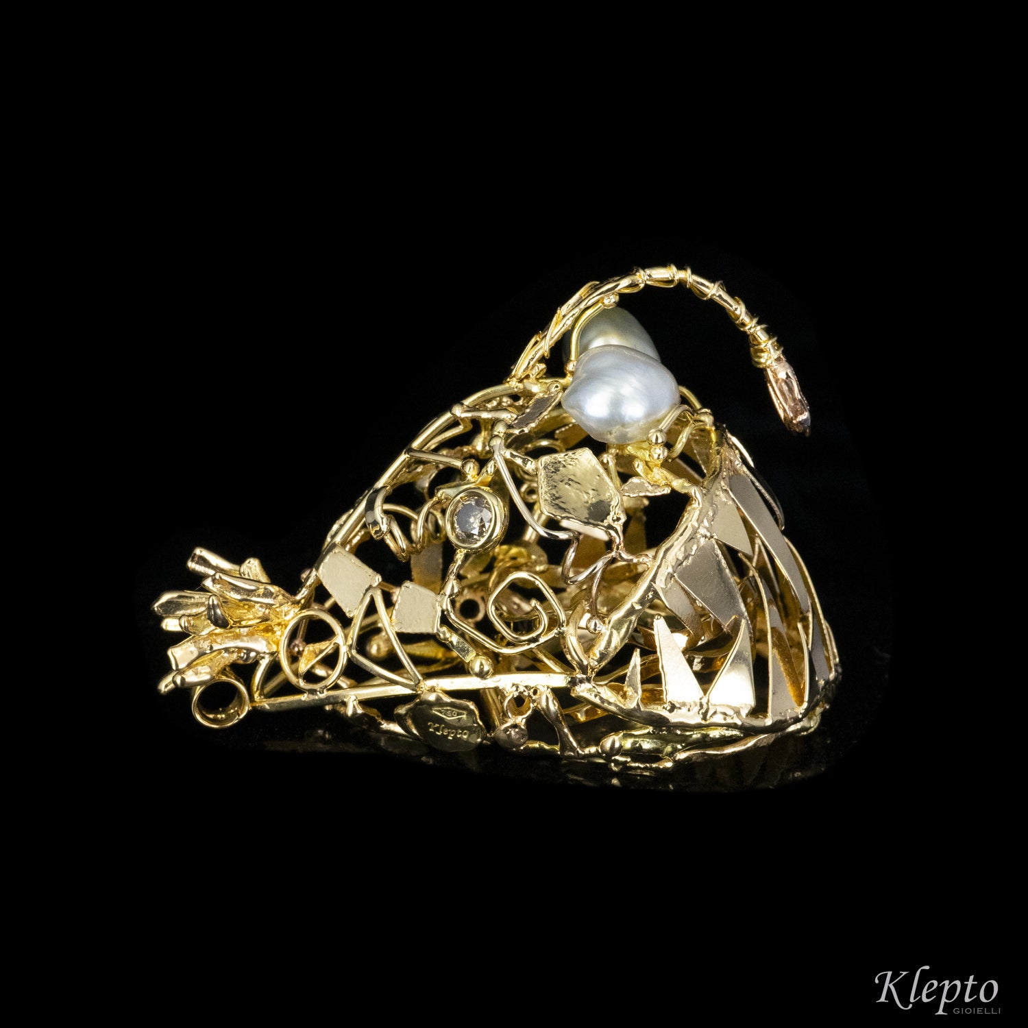 Gold ring, pendant and sculpture with diamonds "Lantern fish"
