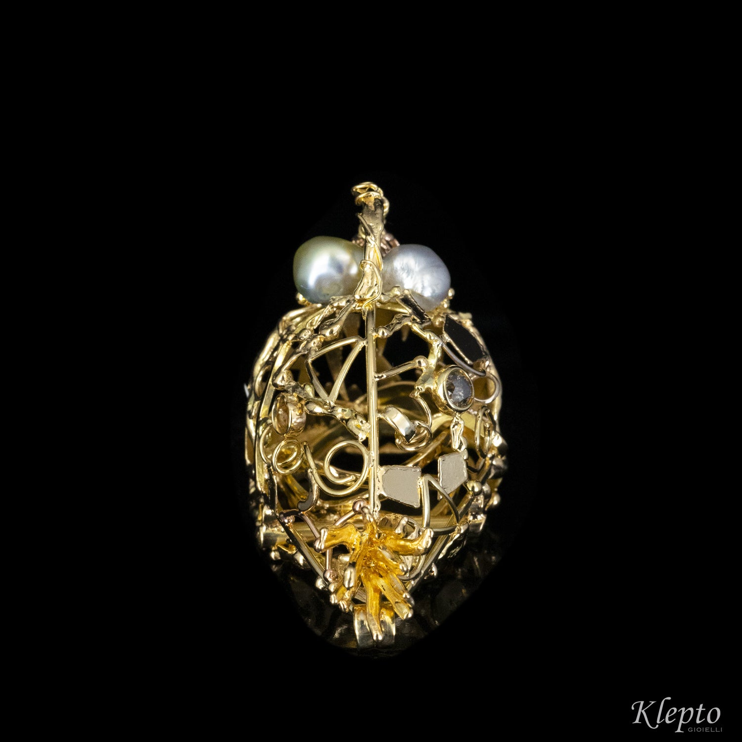 Gold ring, pendant and sculpture with diamonds "Lantern fish"
