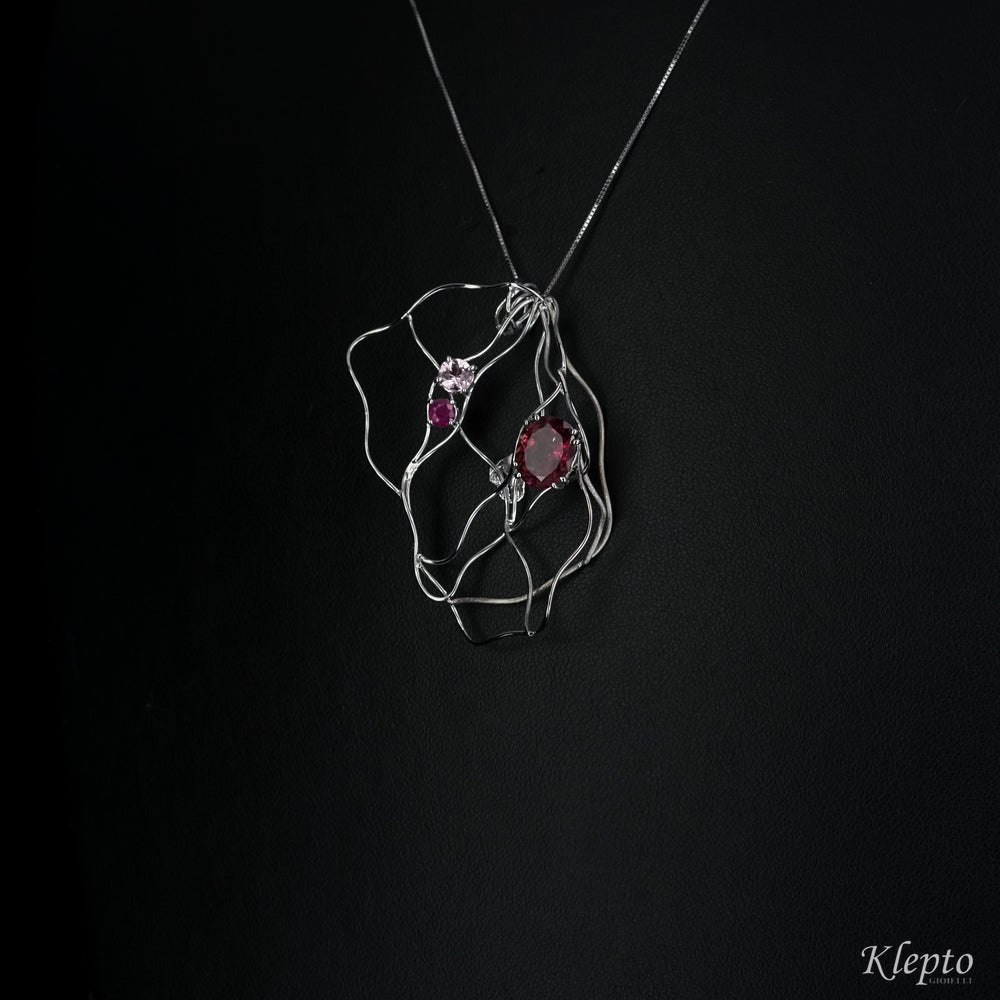 White gold pendant with Tourmalines and Ruby