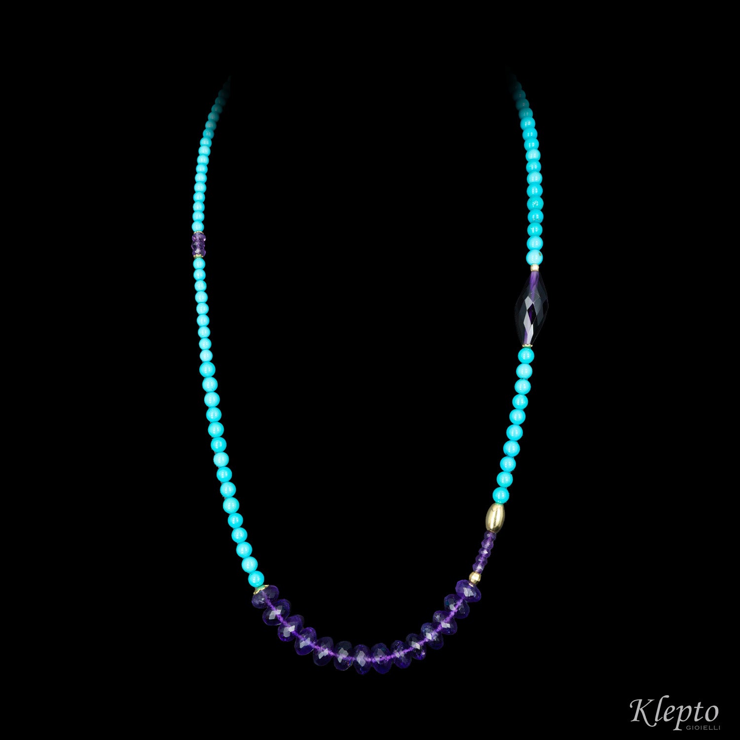 Yellow gold necklace with Turquoise and Amethyst