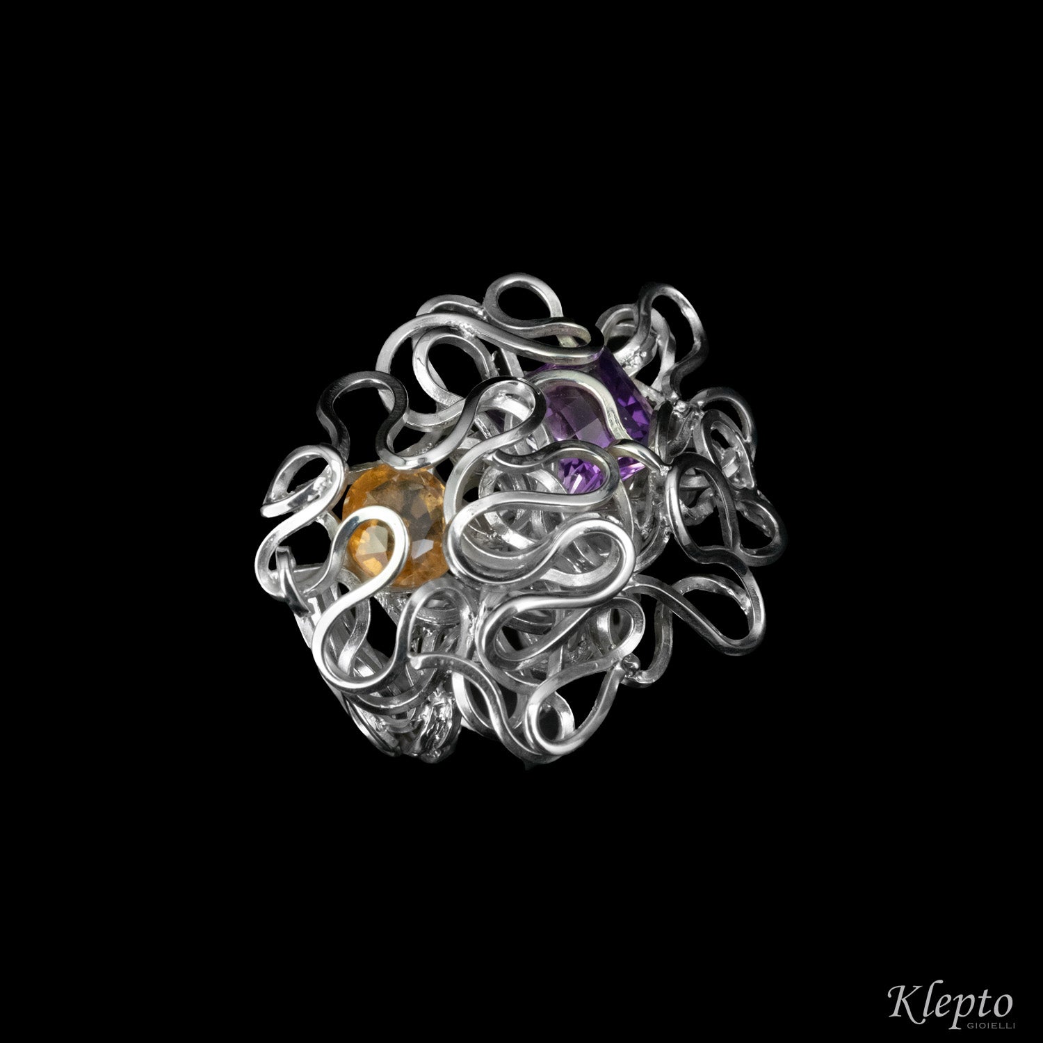 Silnova® Silver ring with intertwined wire with Amethyst and Citrine