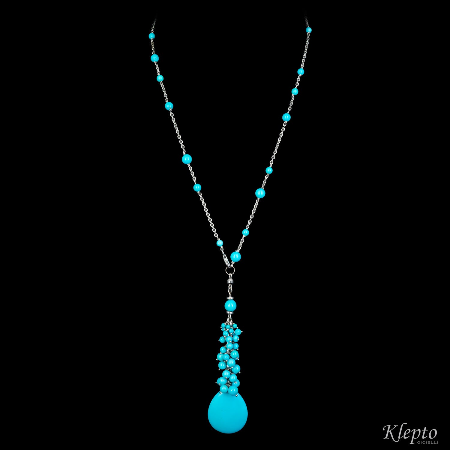 Tassel necklace in white gold with Turquoise