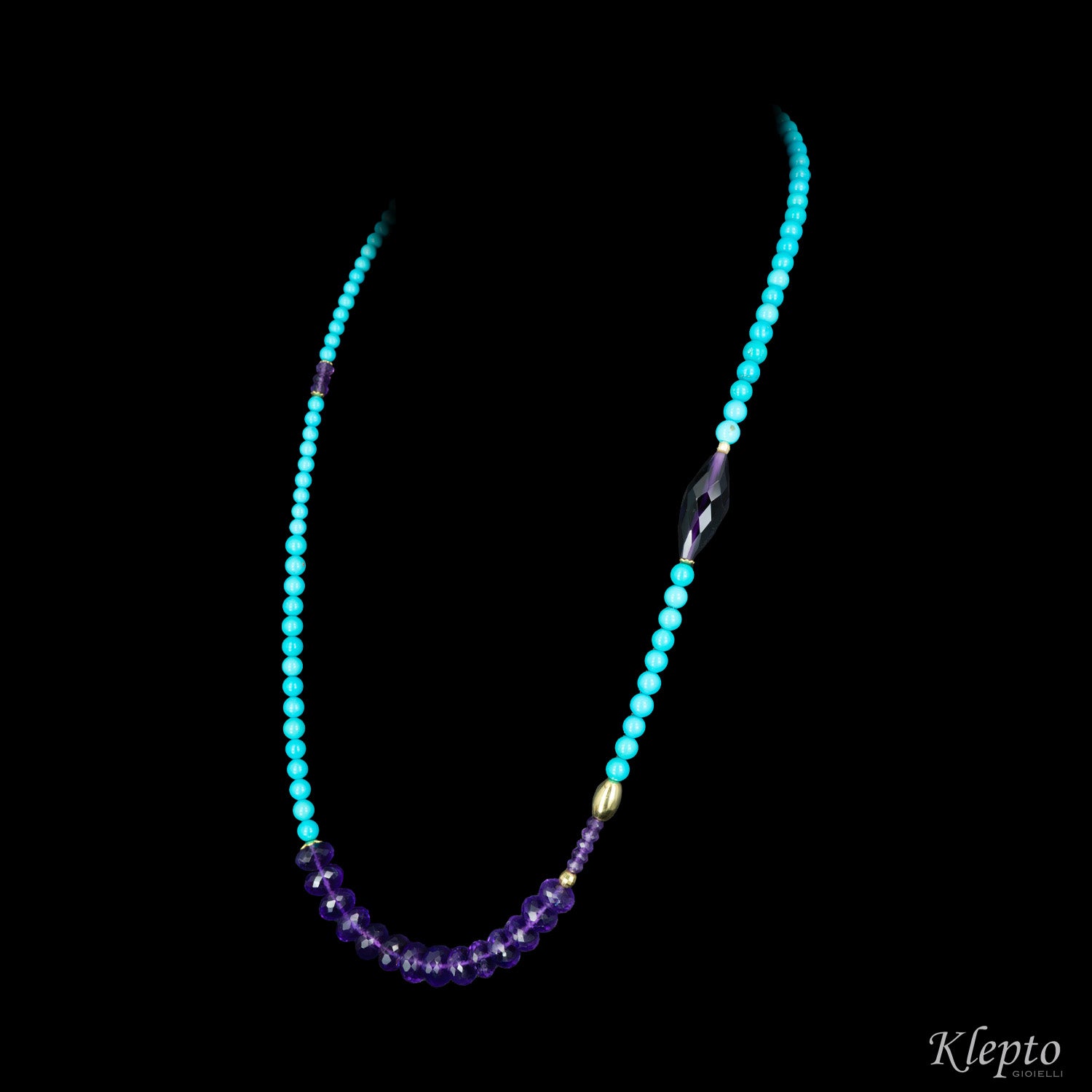 Yellow gold necklace with Turquoise and Amethyst