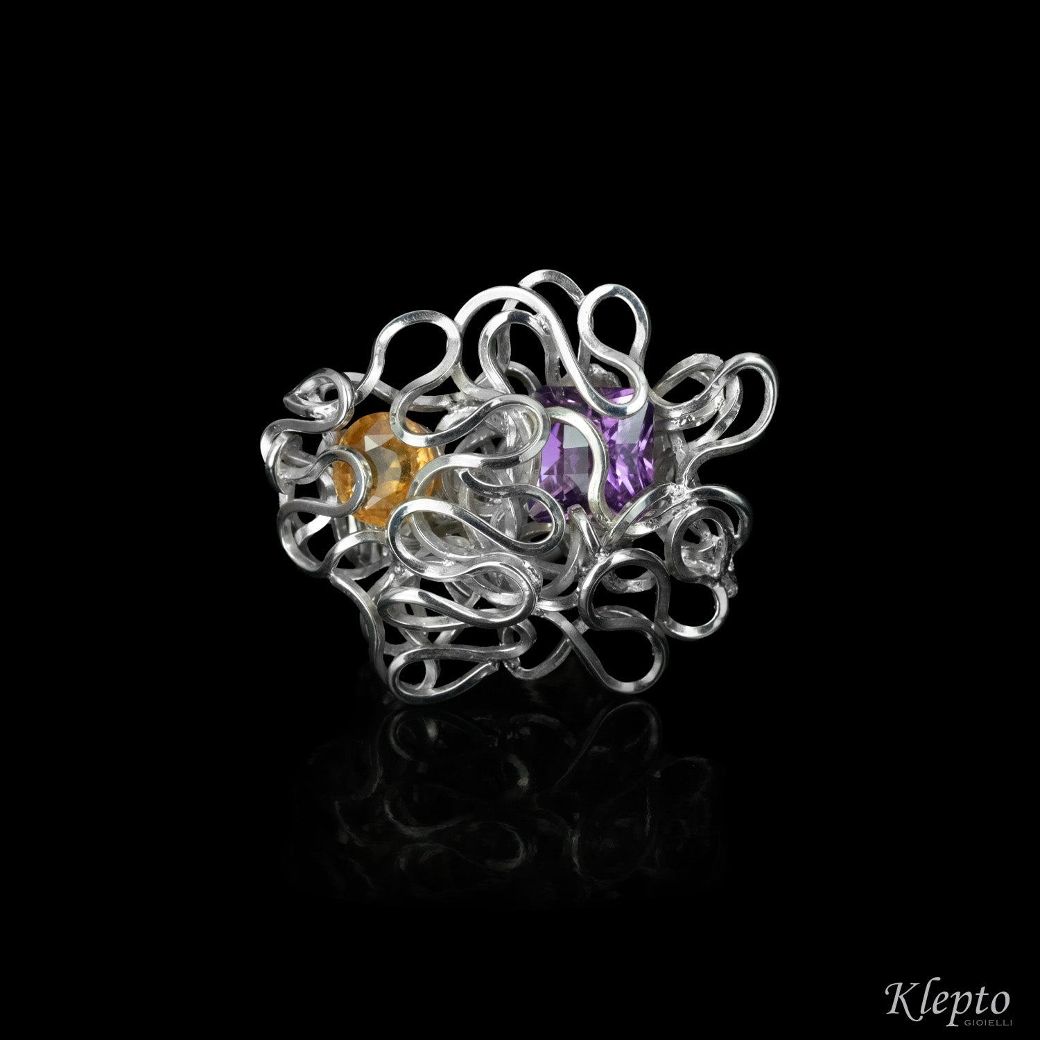 Silnova® Silver ring with intertwined wire with Amethyst and Citrine
