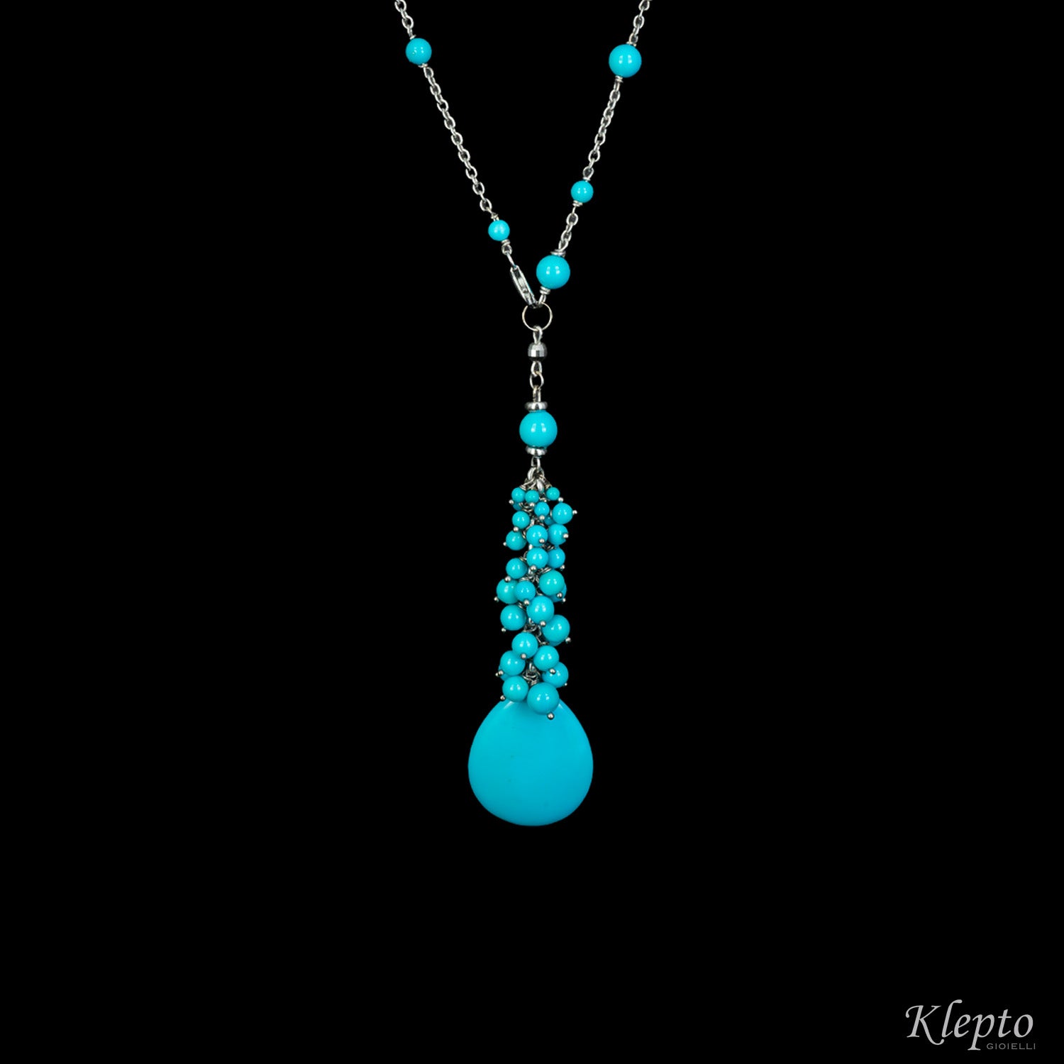 Tassel necklace in white gold with Turquoise