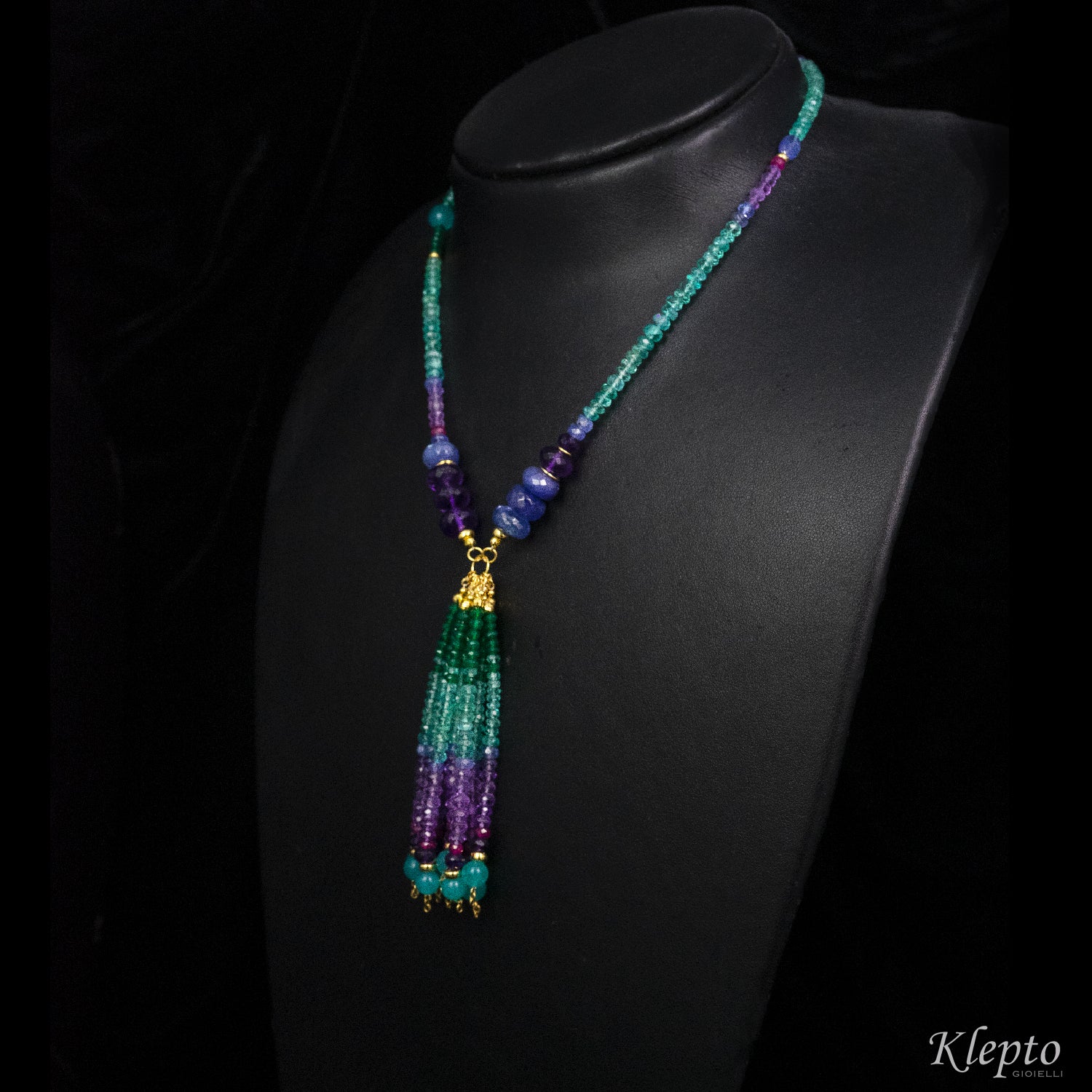 Yellow gold tassel necklace with Amazonite, Agate, Amethyst, Tanzanite, and Rubies