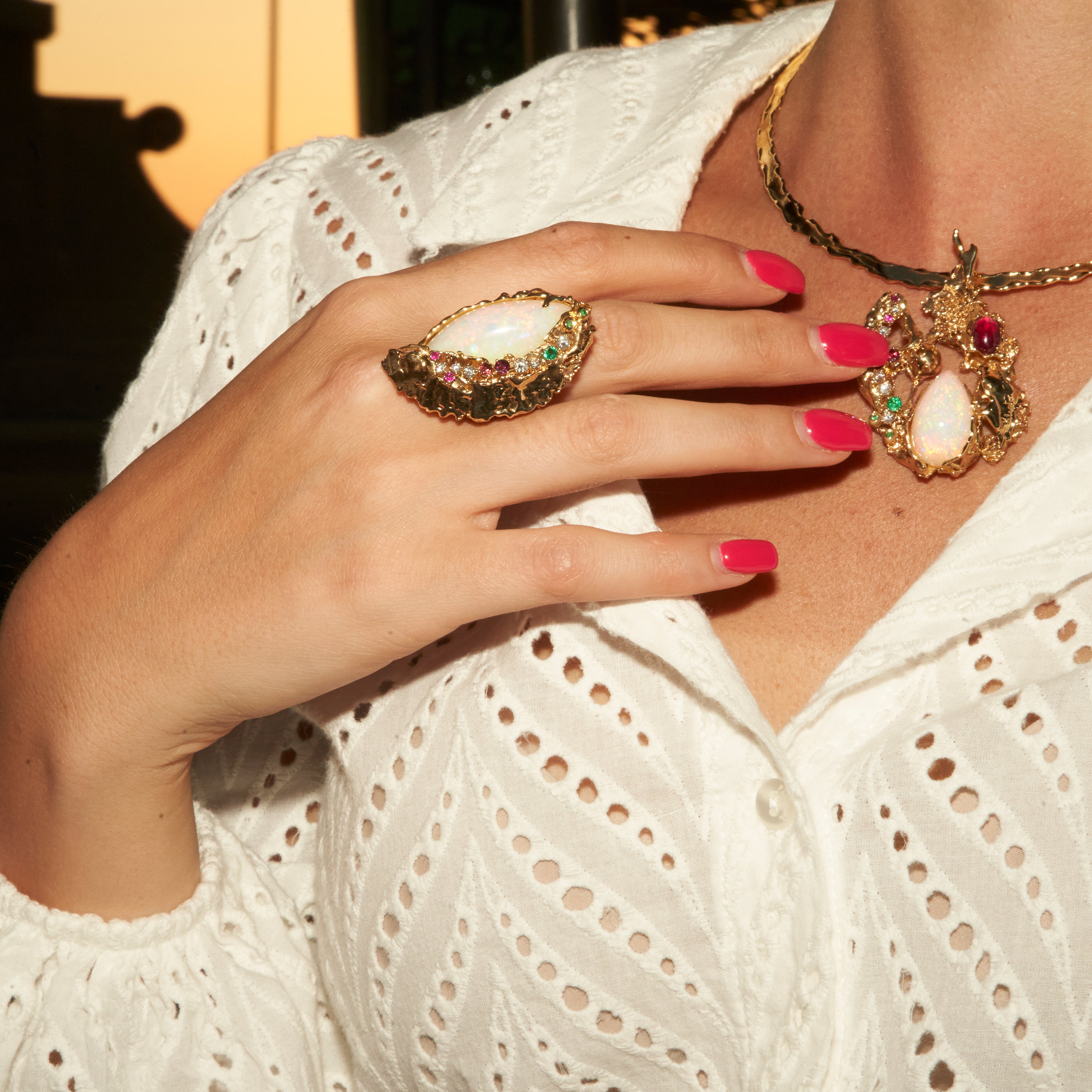Yellow gold ring with Opal, Emeralds, Rubies, Rhodolites and Diamonds