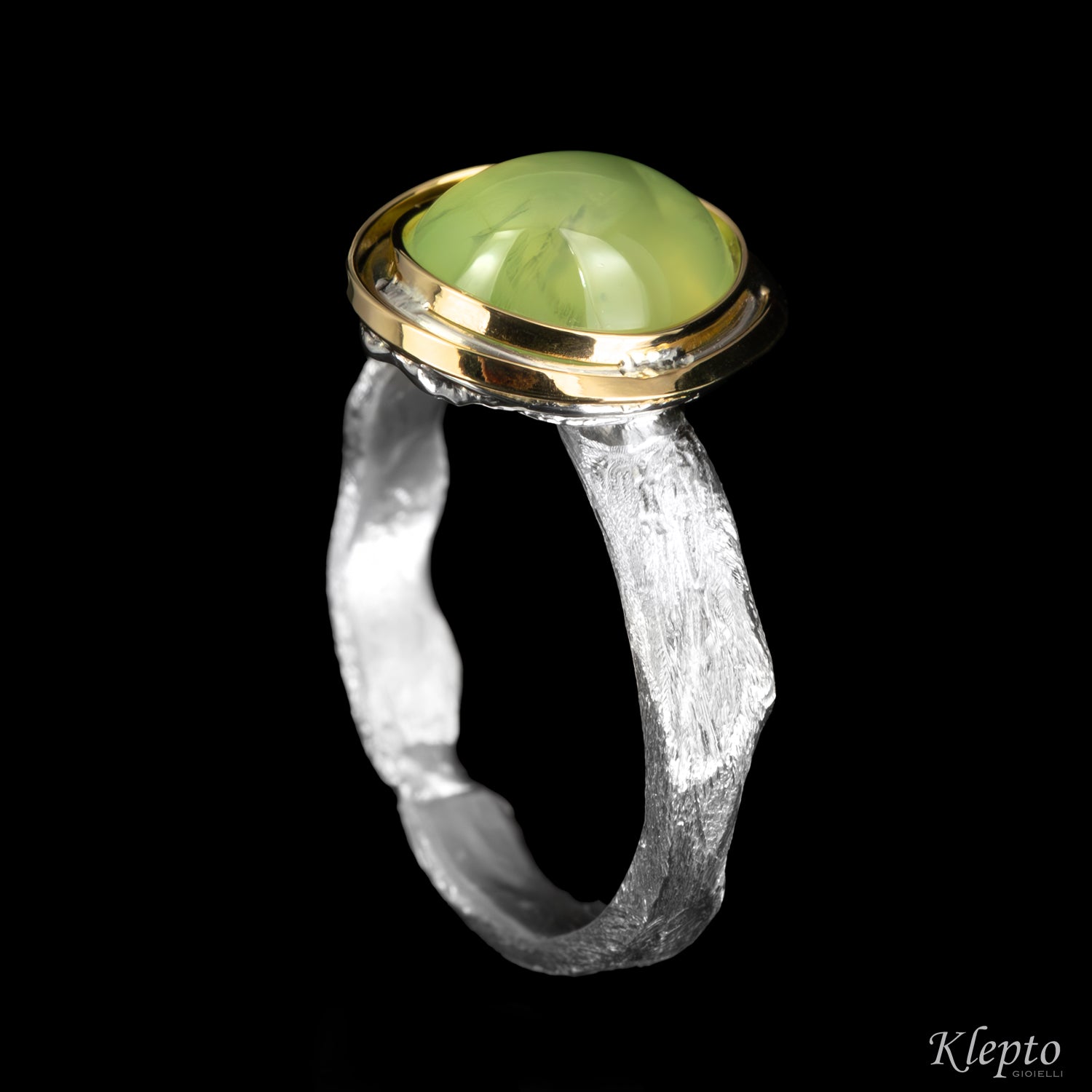 Silnova® Silver Ring "Bumba" with Cabochon Berillo and Yellow Gold Details