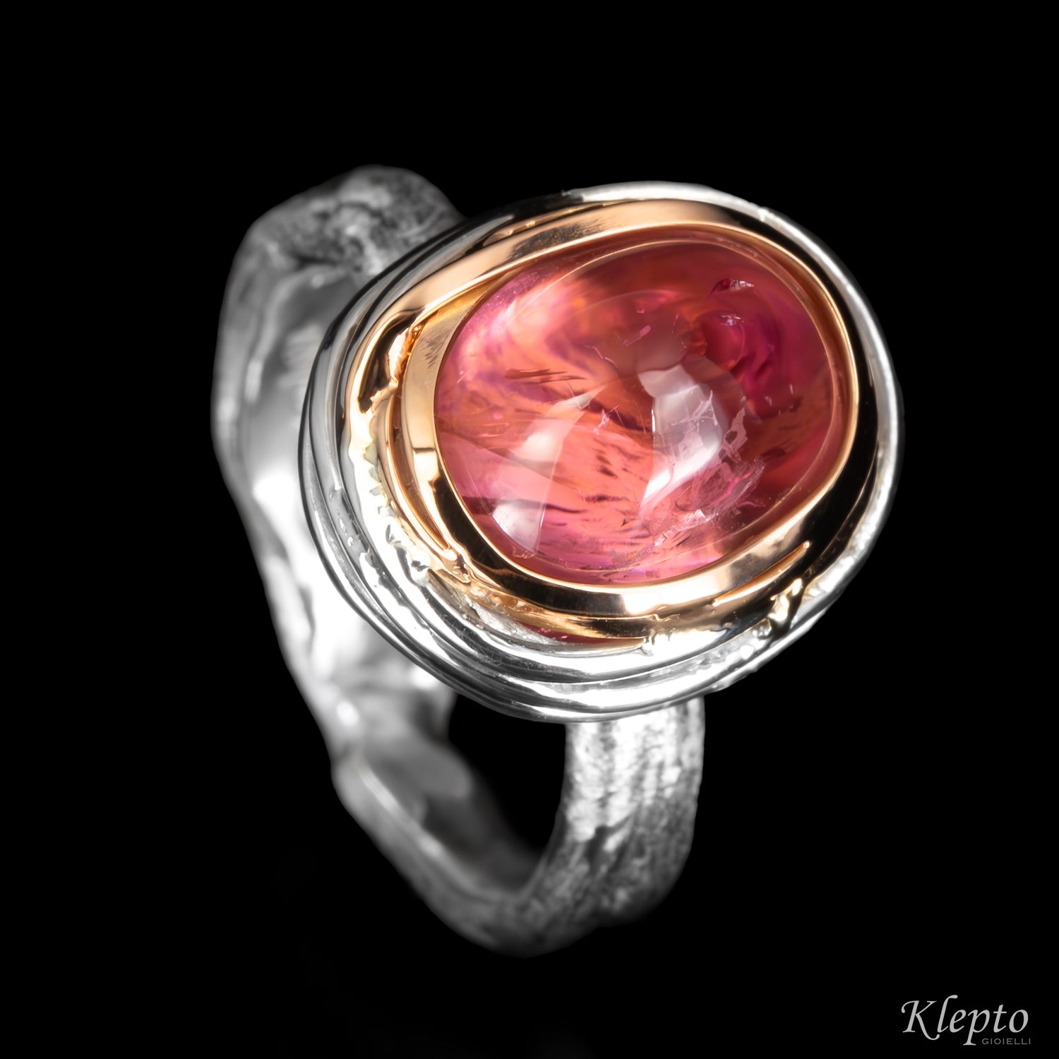 Silver Silnova® "Bumba" ring with pink tourmaline cabochon and rose gold details