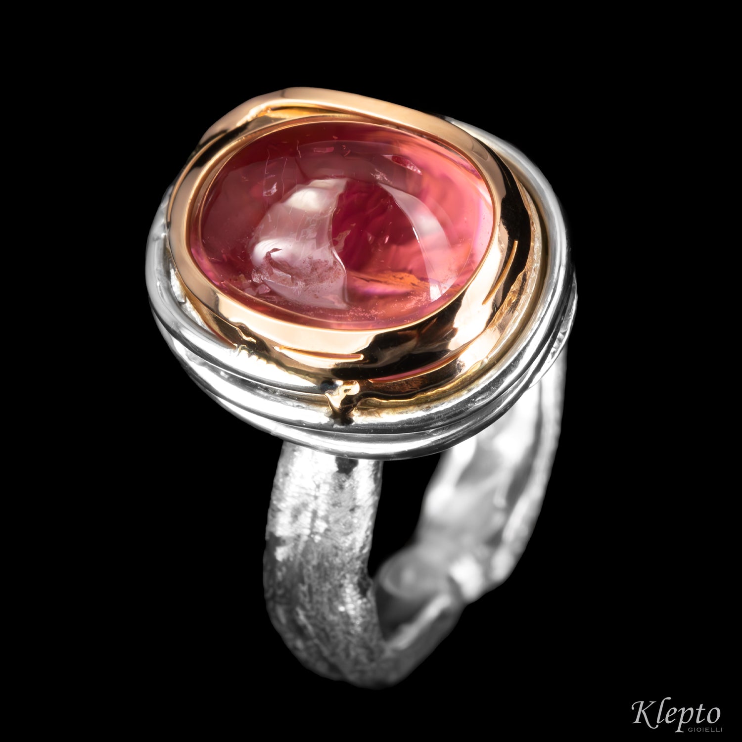 Silver Silnova® "Bumba" ring with pink tourmaline cabochon and rose gold details