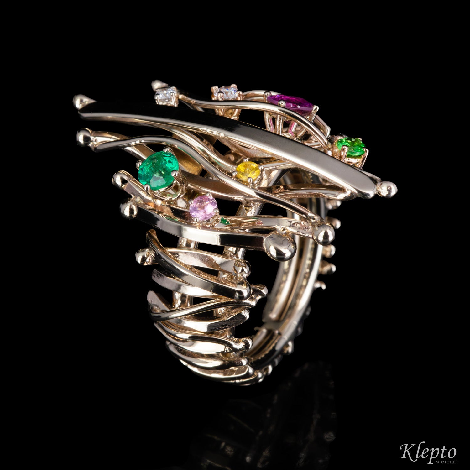 Natural white gold ring "Equilibrio" with gemstones