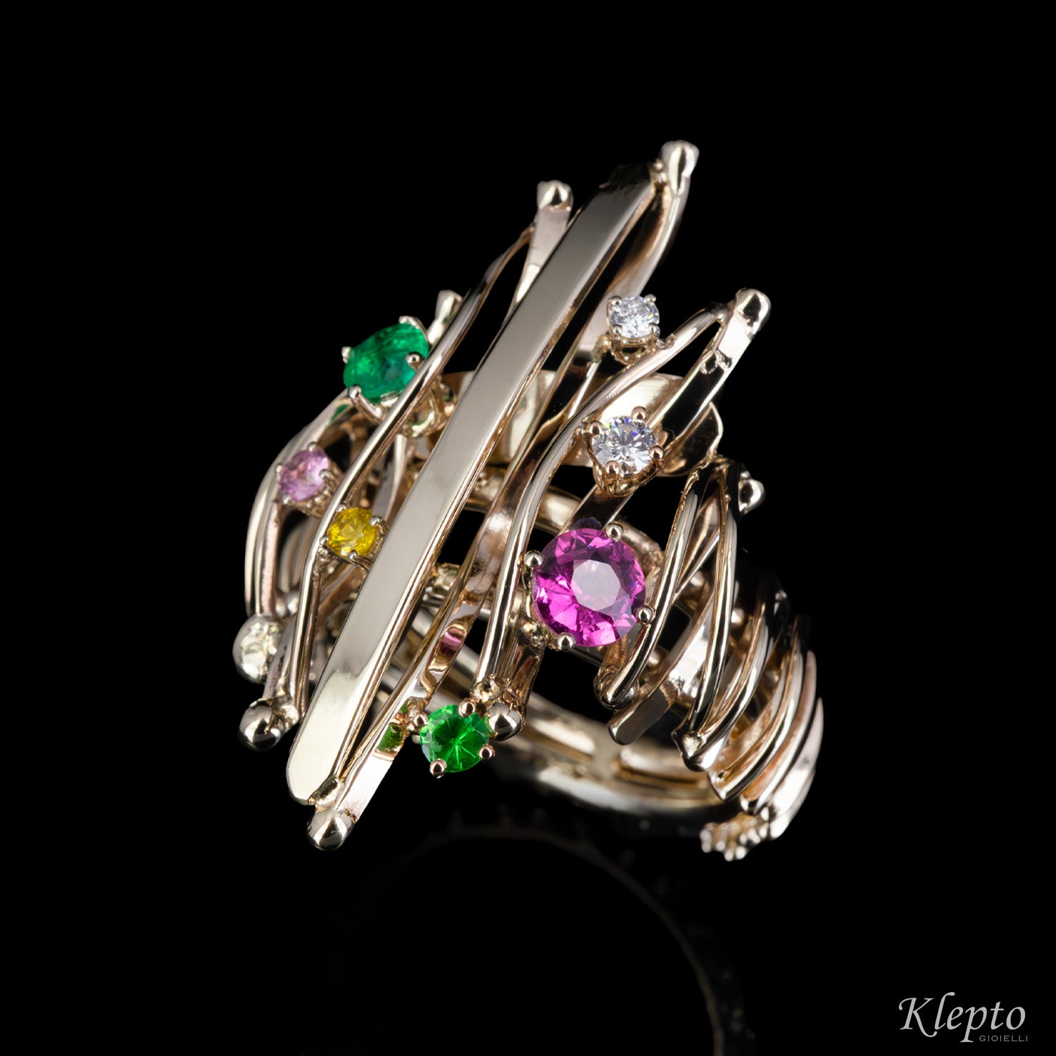 Natural white gold ring "Equilibrio" with gemstones