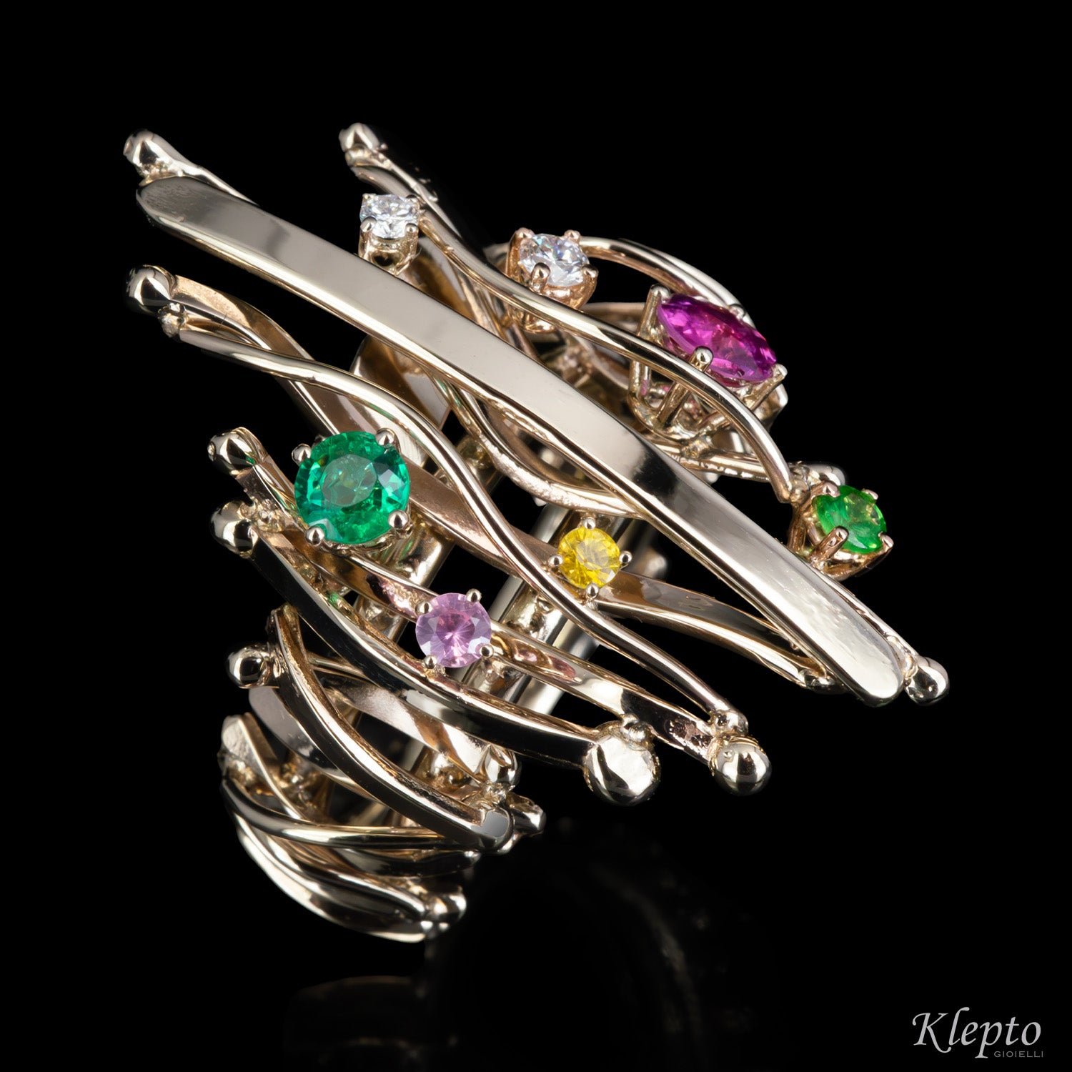 Natural white gold ring "Equilibrio" with gemstones