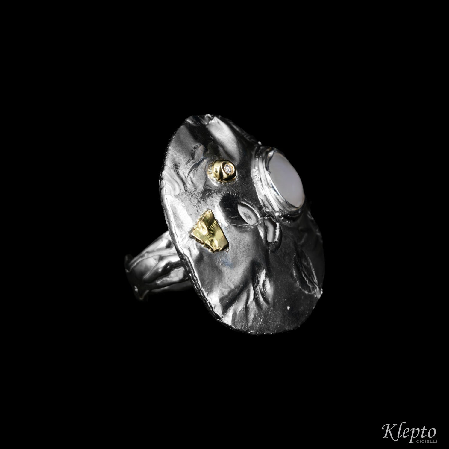 "Supernova" Silnova® Silver Ring with Asteria Sapphire, Diamond and yellow gold details