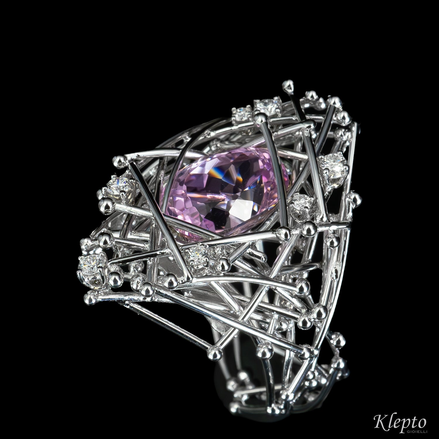 "IntriKo" white gold ring with Kunzite and Diamonds
