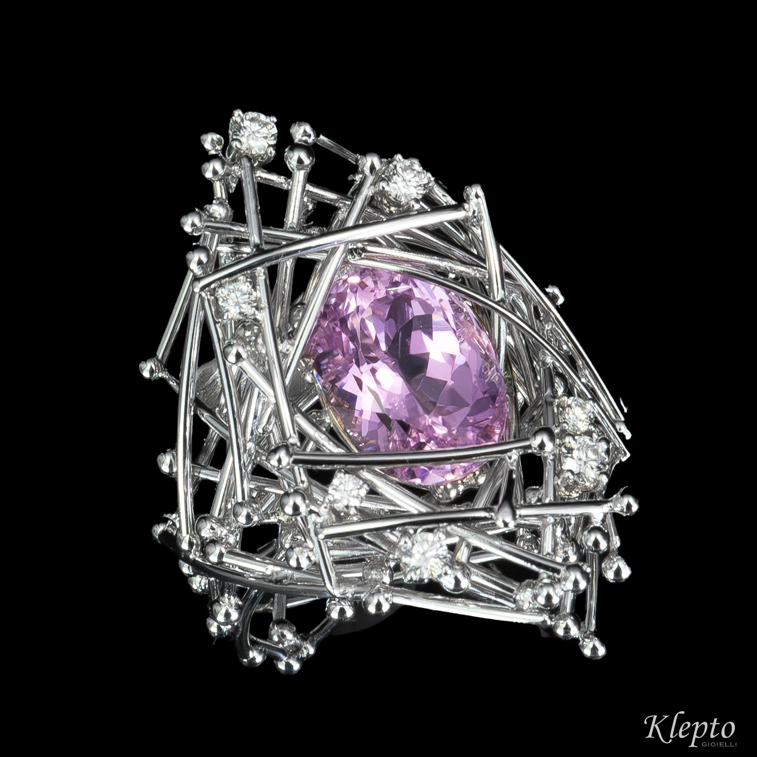 "IntriKo" white gold ring with Kunzite and Diamonds