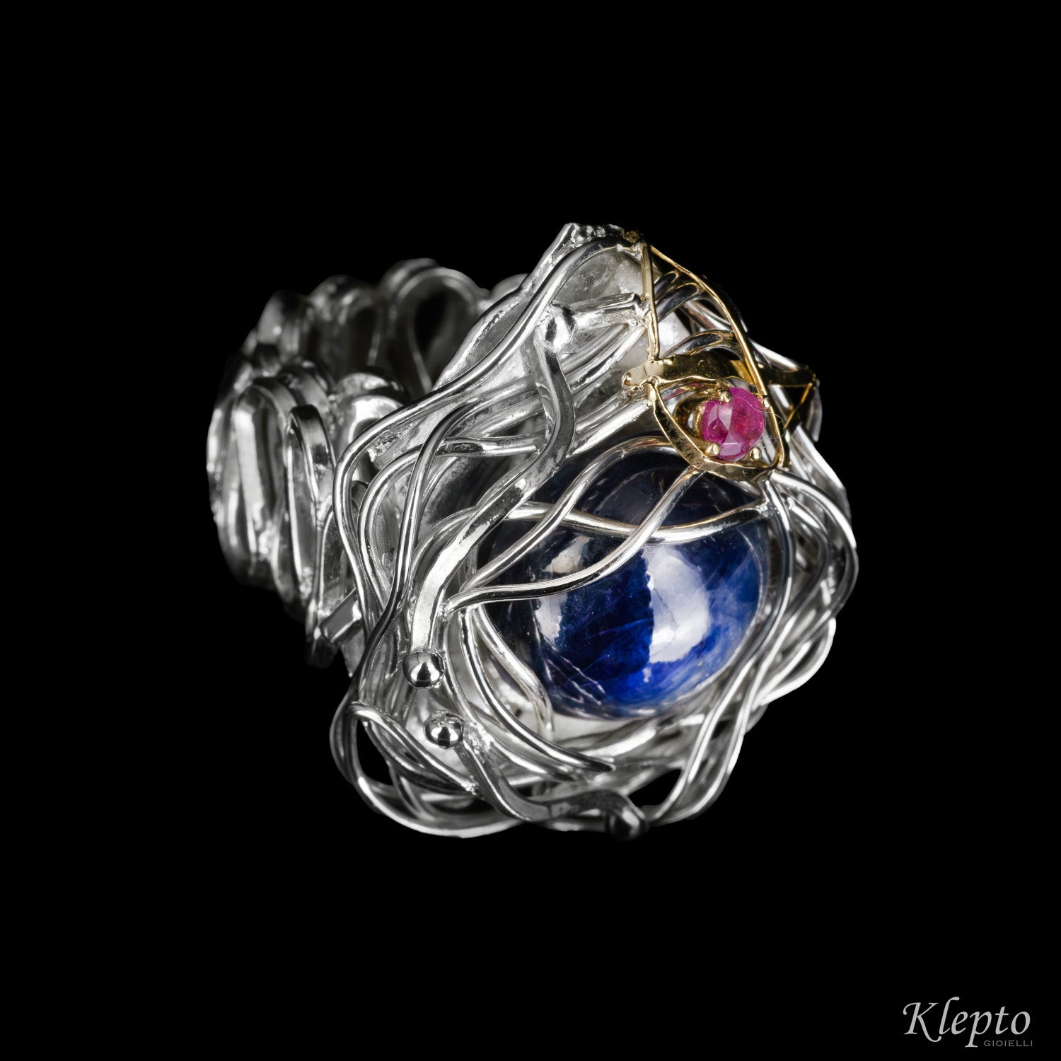 Silnova Silver ring with blue Sapphire, pink Tourmaline and yellow gold details
