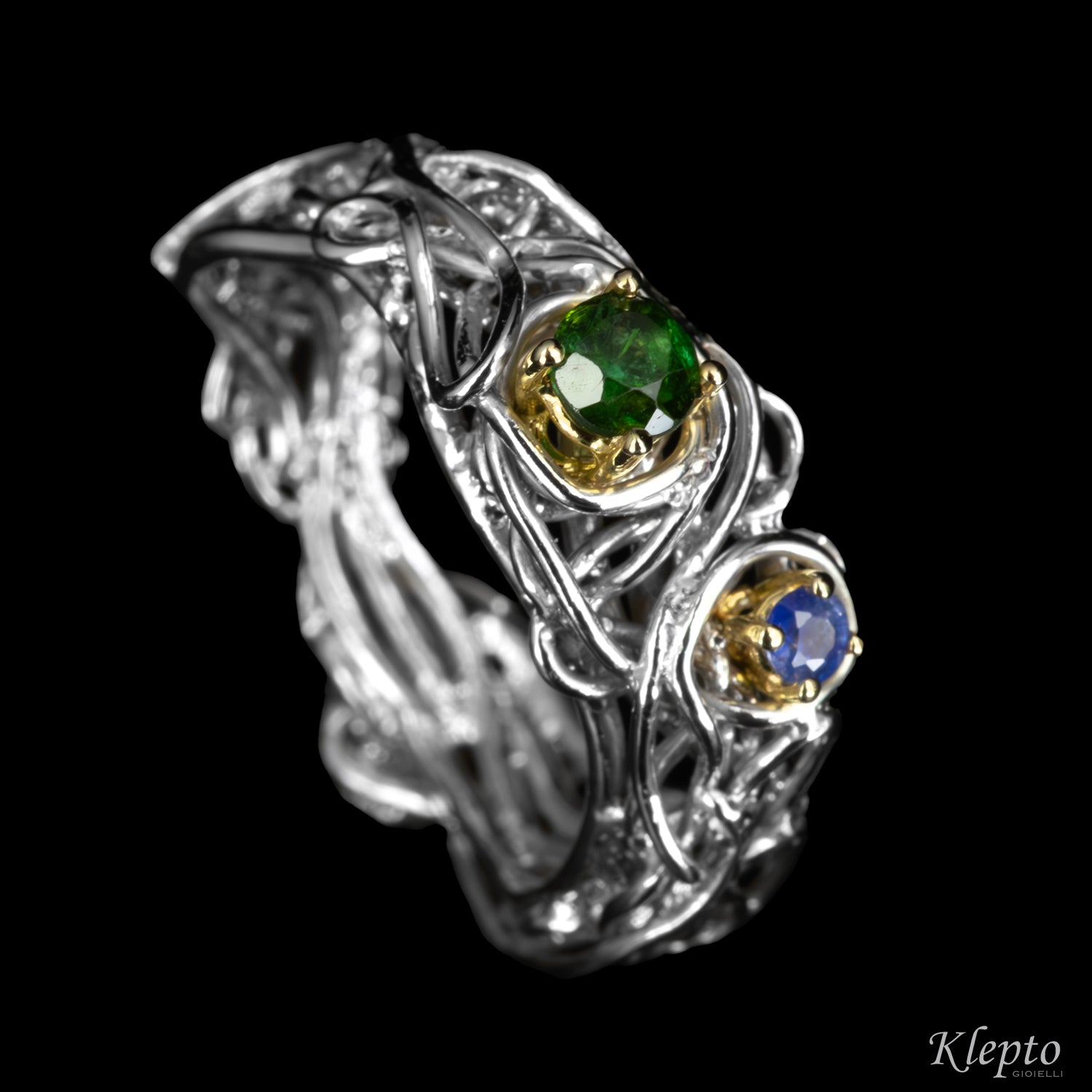 Silver ring Silnova® with sapphire, tourmaline, and yellow gold details