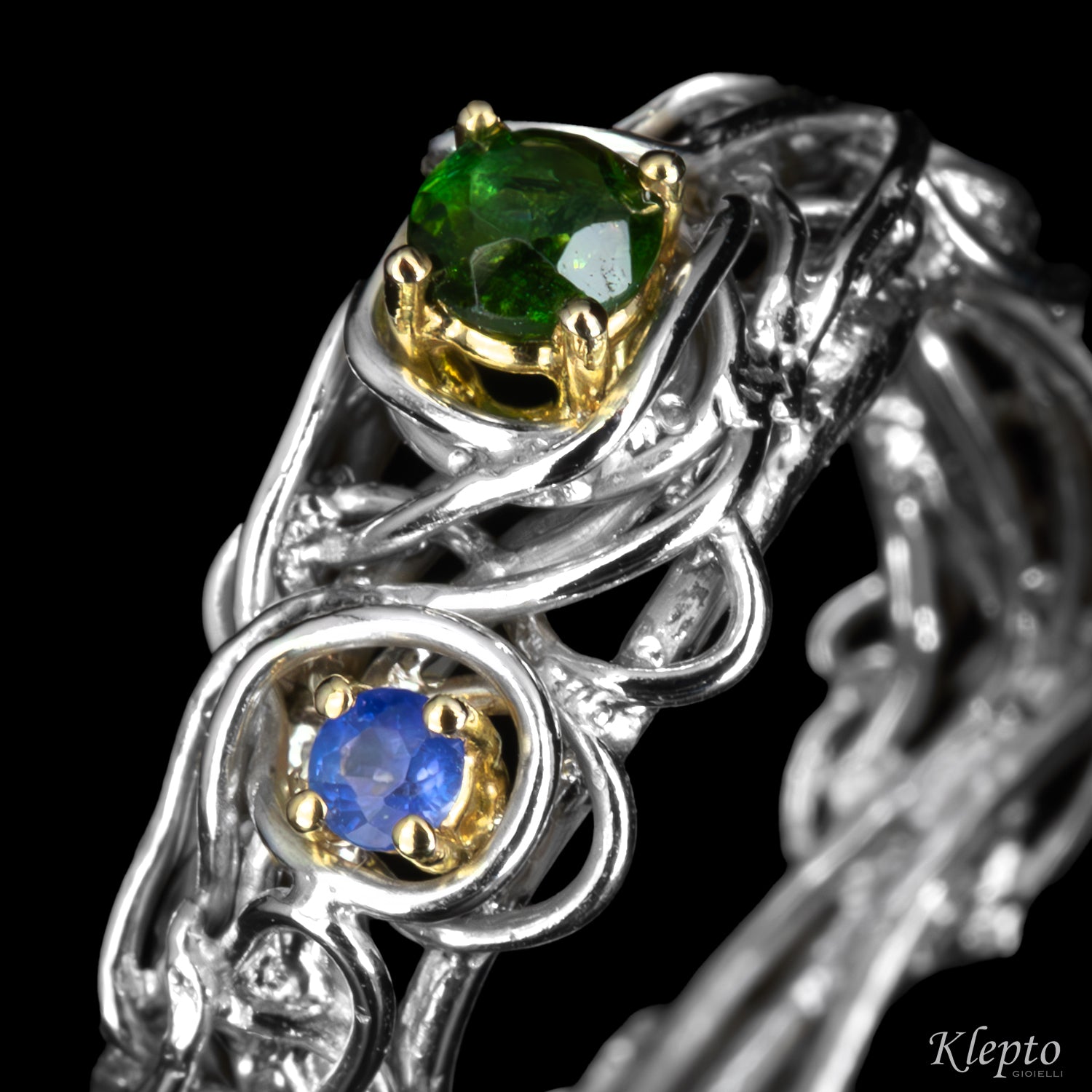 Silver ring Silnova® with sapphire, tourmaline, and yellow gold details