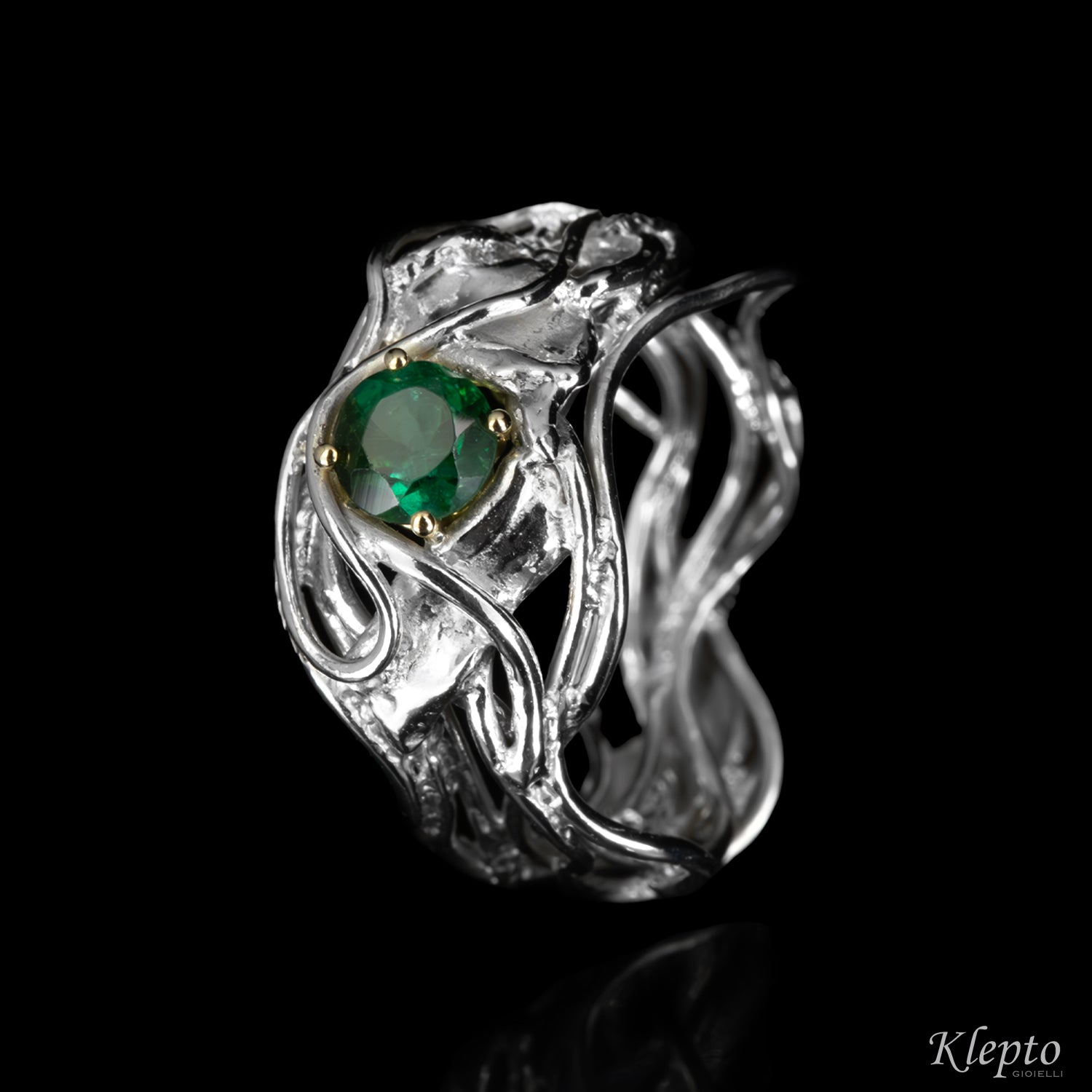 Silver ring Silnova® with green tourmaline and yellow gold details
