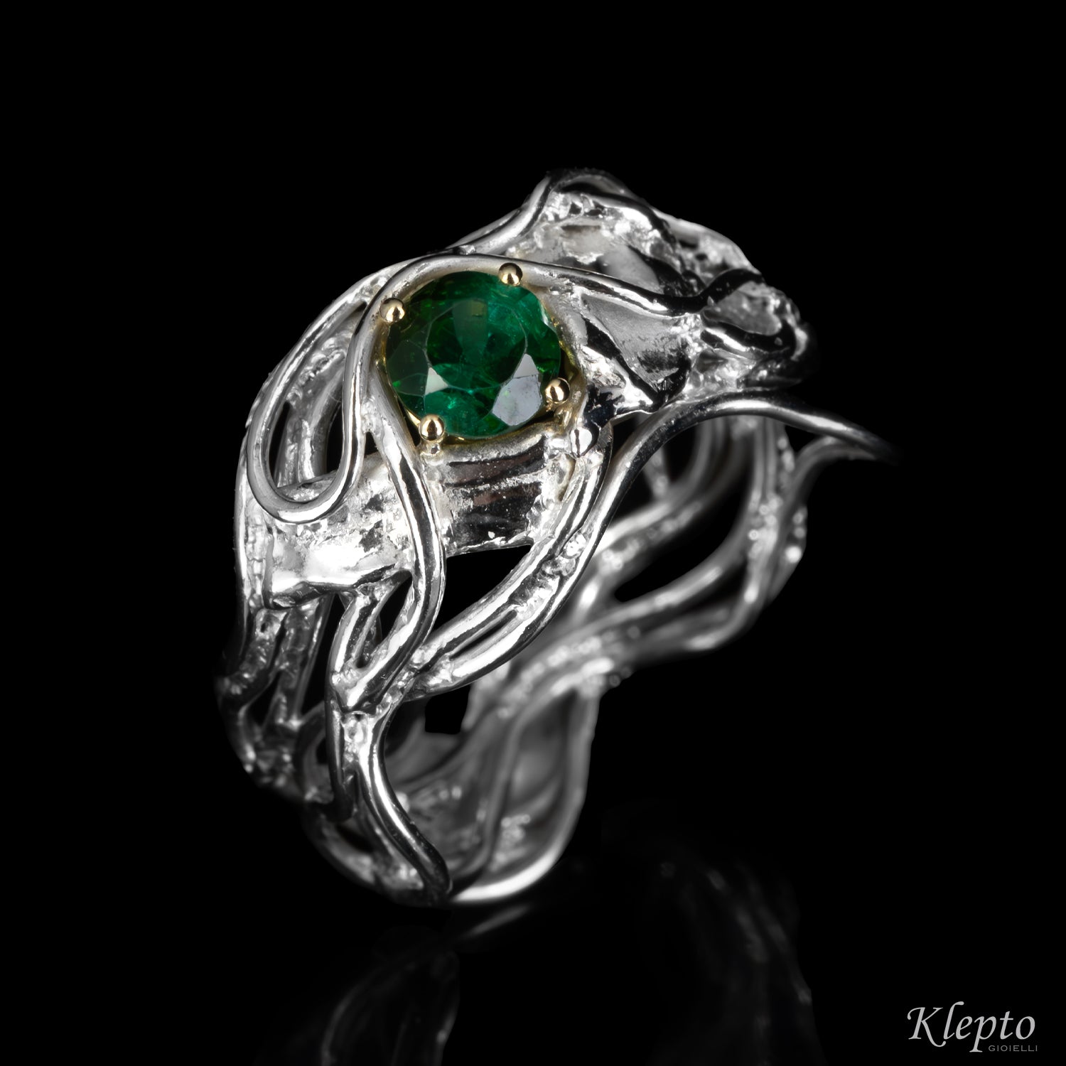 Silver ring Silnova® with green tourmaline and yellow gold details