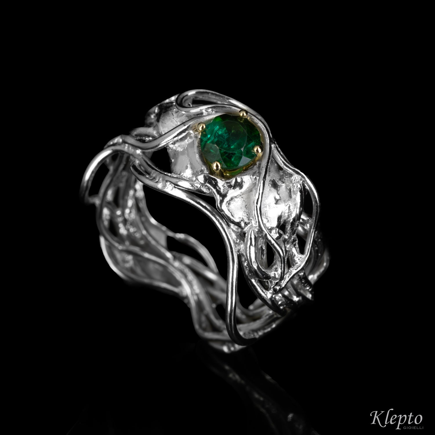 Silver ring Silnova® with green tourmaline and yellow gold details