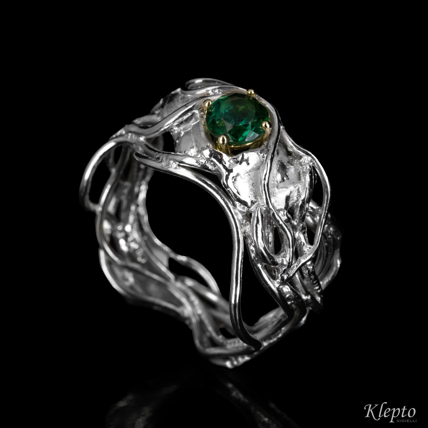 Silver ring Silnova® with green tourmaline and yellow gold details