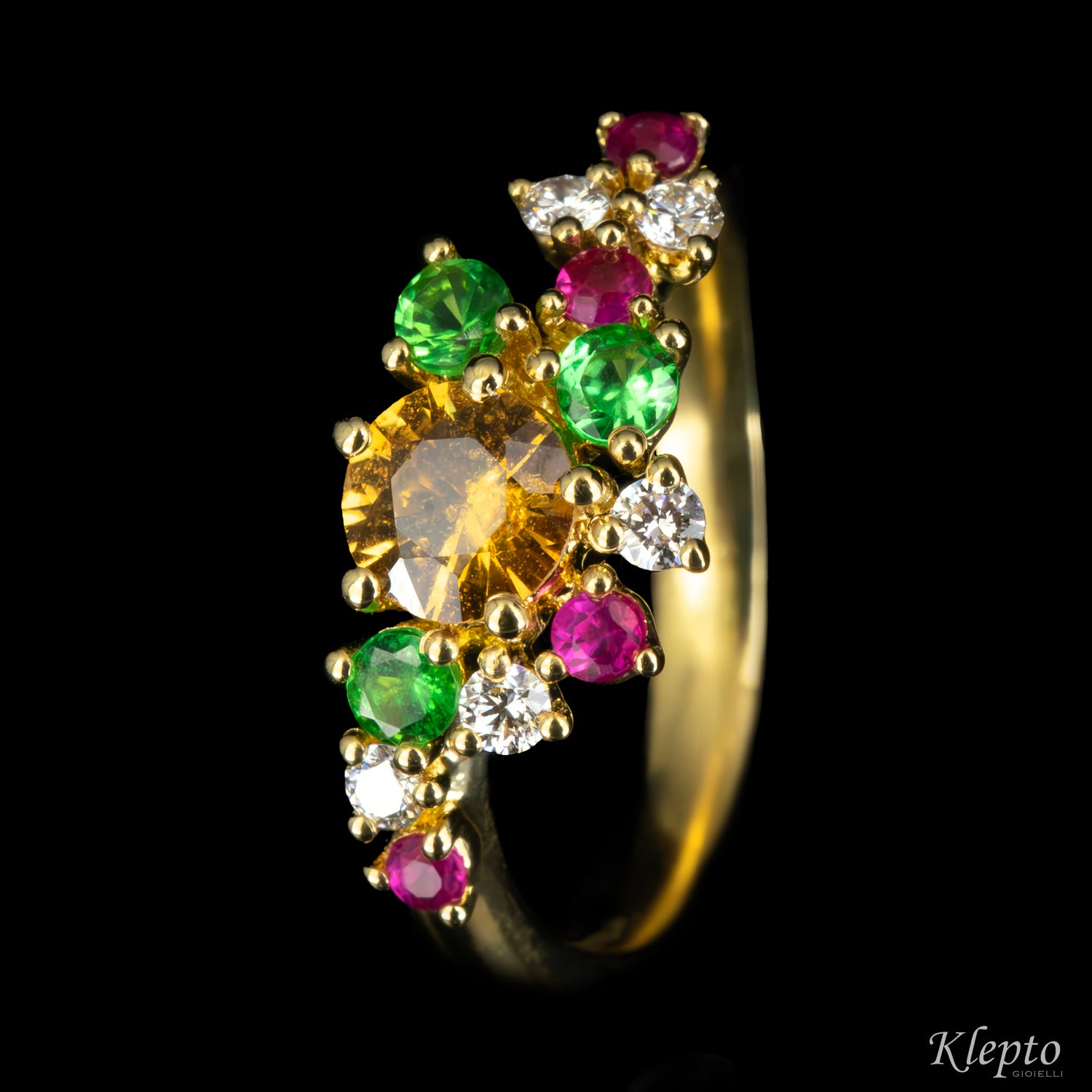 Anello classico by Klepto in oro giallo con Zaffiro giallo, Rubini, Tzavoriti e Diamanti