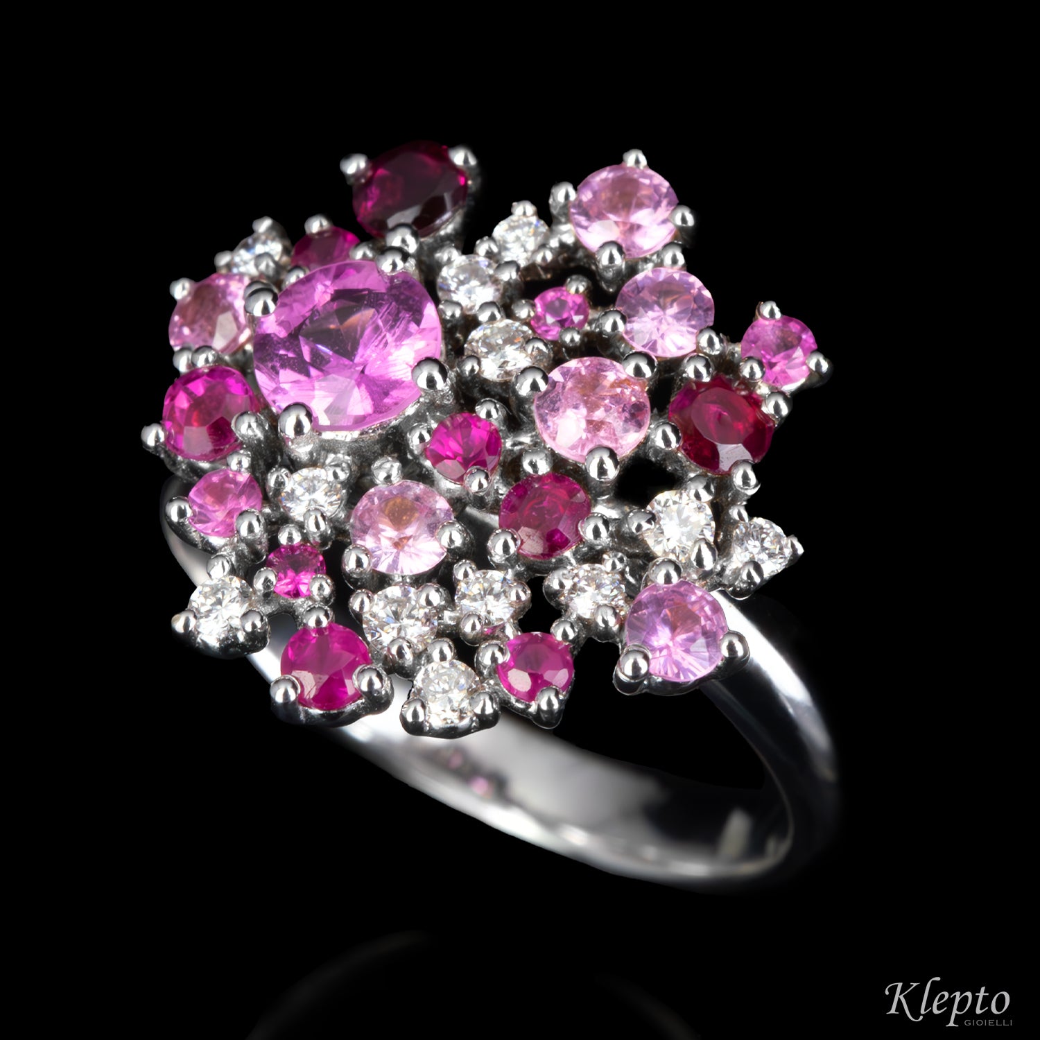 Classic ring by Klepto in white gold with pink Sapphires, Rubies, and Diamonds