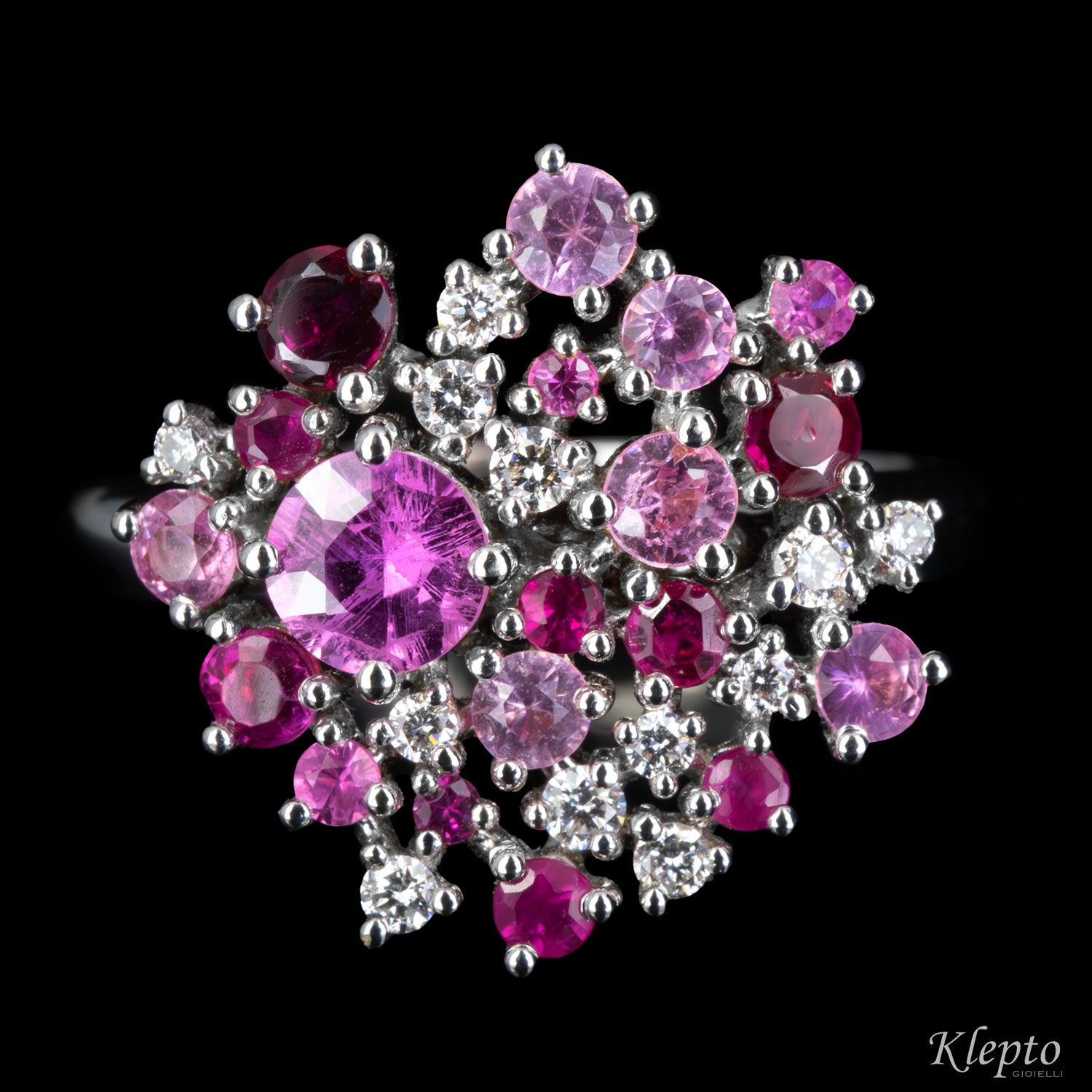 Classic ring by Klepto in white gold with pink Sapphires, Rubies, and Diamonds