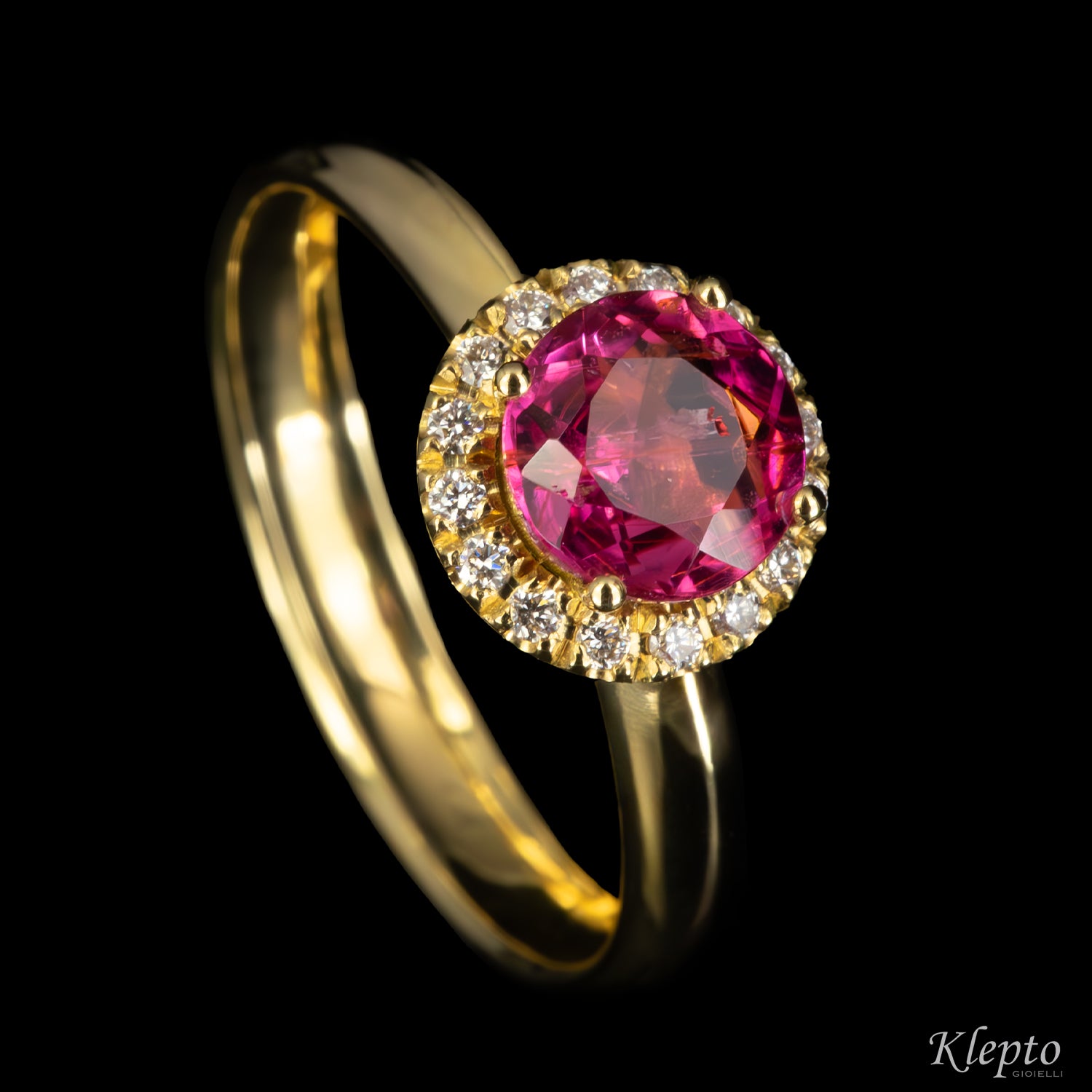 Classic yellow gold ring with pink tourmaline and diamond accents
