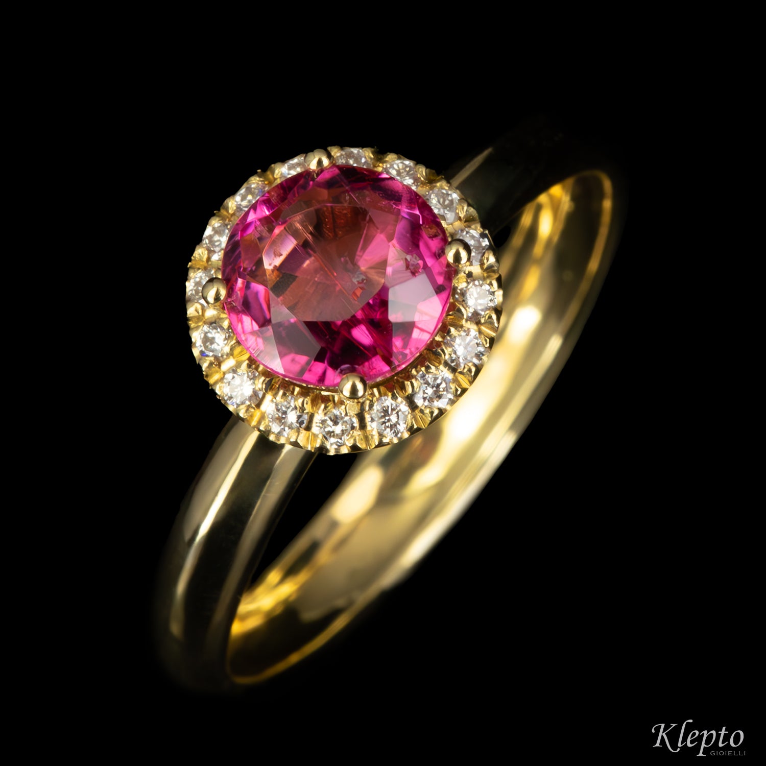 Classic yellow gold ring with pink tourmaline and diamond accents
