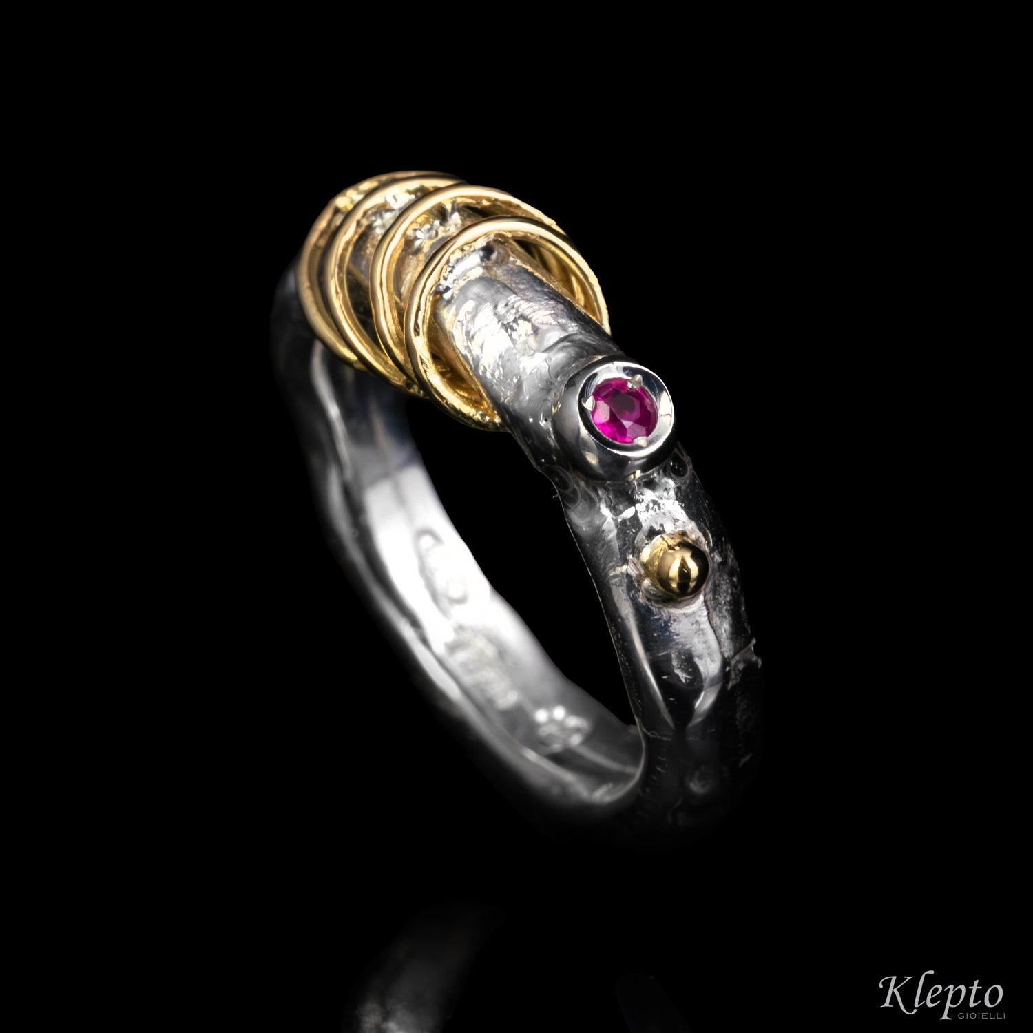 Silver Ring Silnova® with Ruby and yellow gold details